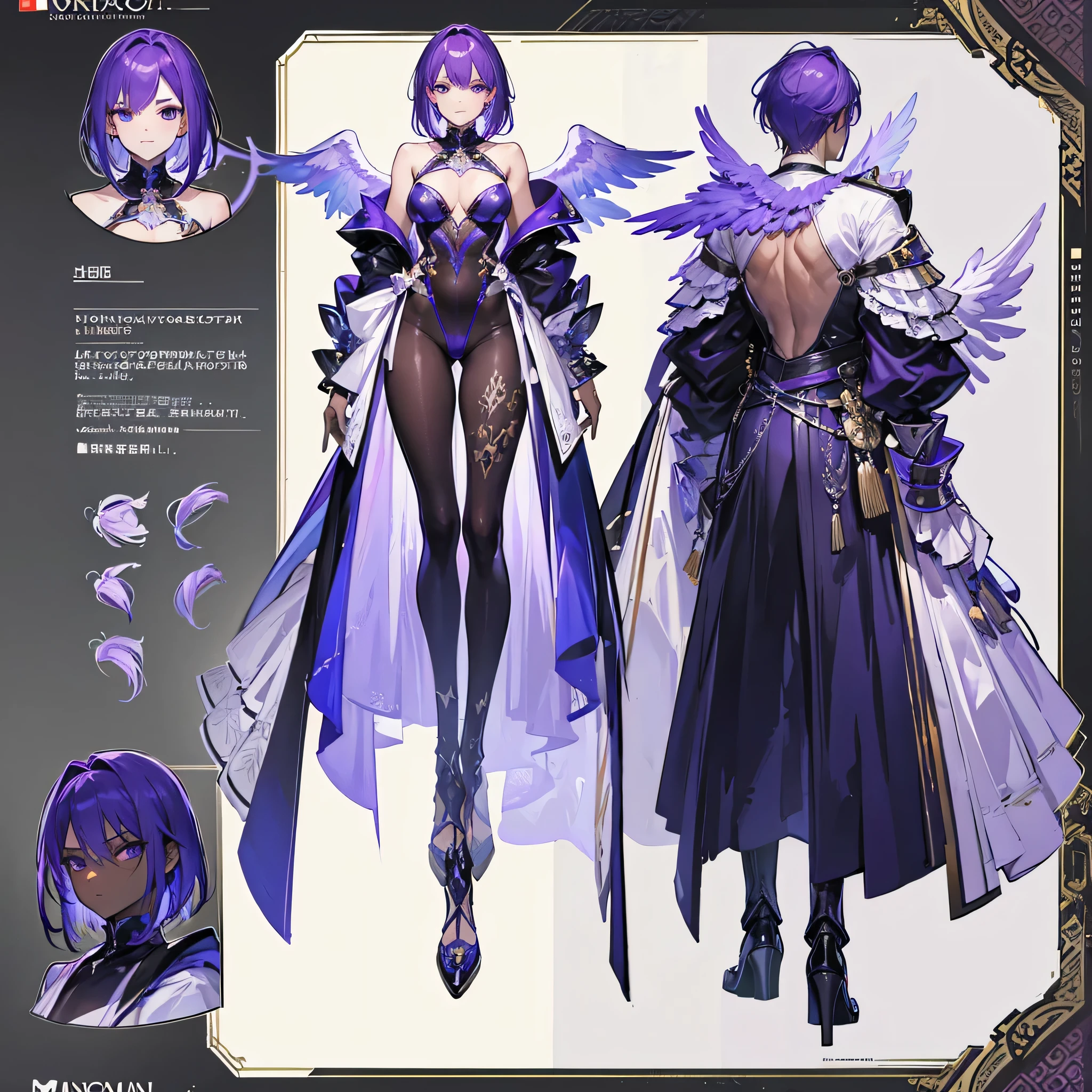 ((Masterpiece, Highest quality)), Male, 1 boy, Detailed face, character design sheet,full bodyesbian, Full of details, frontal body view, back body view, Highly detailed, character sheet, reference sheet, character design, Many parts, dark skin, angel wings, purple hair, angel outfit, Muscle boy with purple hair,handsome man, male angel , man tall,