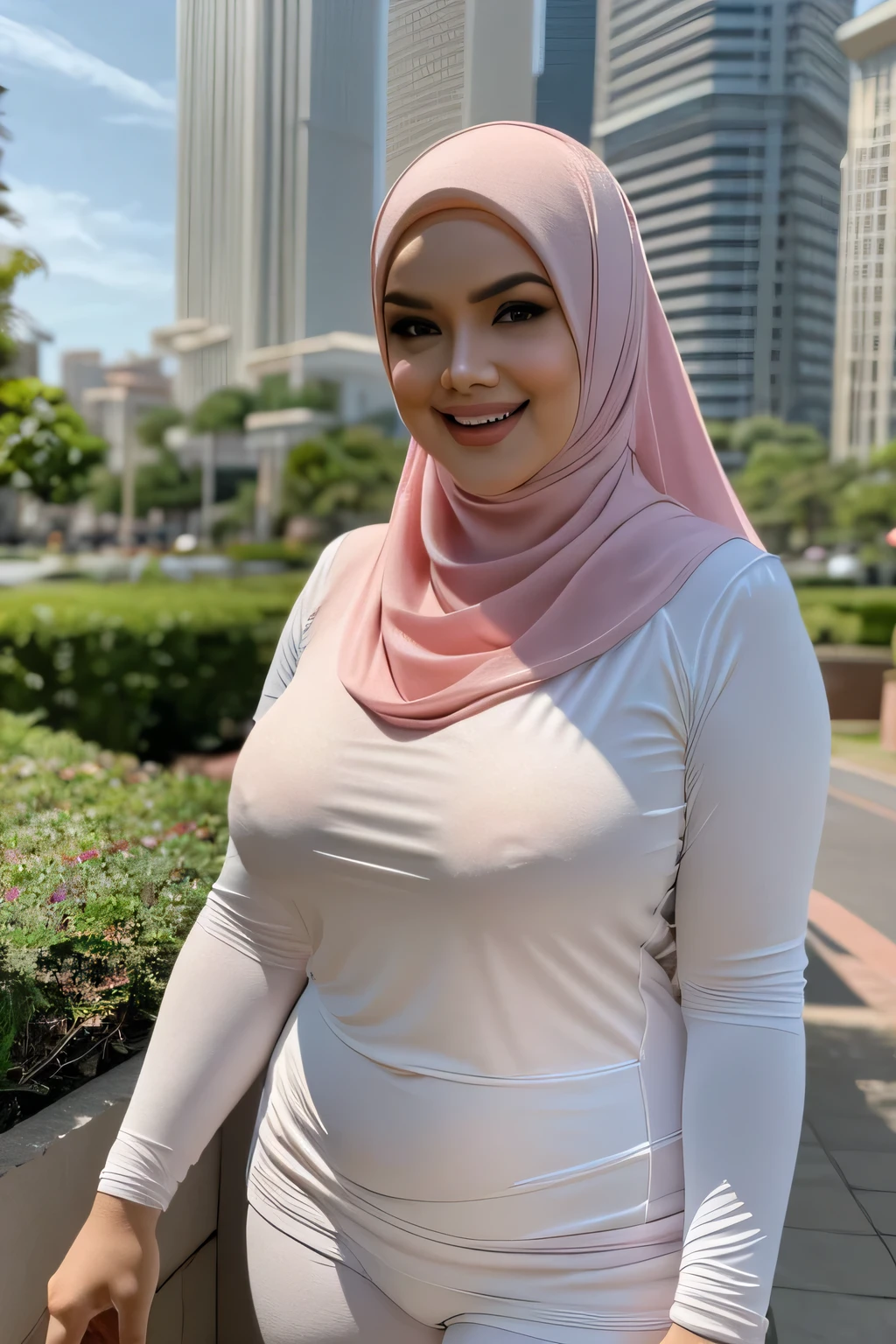 RAW, Best quality, high resolution, masterpiece: 1.3), beautiful curvy fit body Malay woman in hijab,wearing pink tight legging casual , casual white t-shirt, , smile, afternoon walk,klcc,((bokeh)),Excellent lighting, Bright colors, Clean lines, ((bokeh)),huge thighs, super detail realiistic,flirt with a camera
