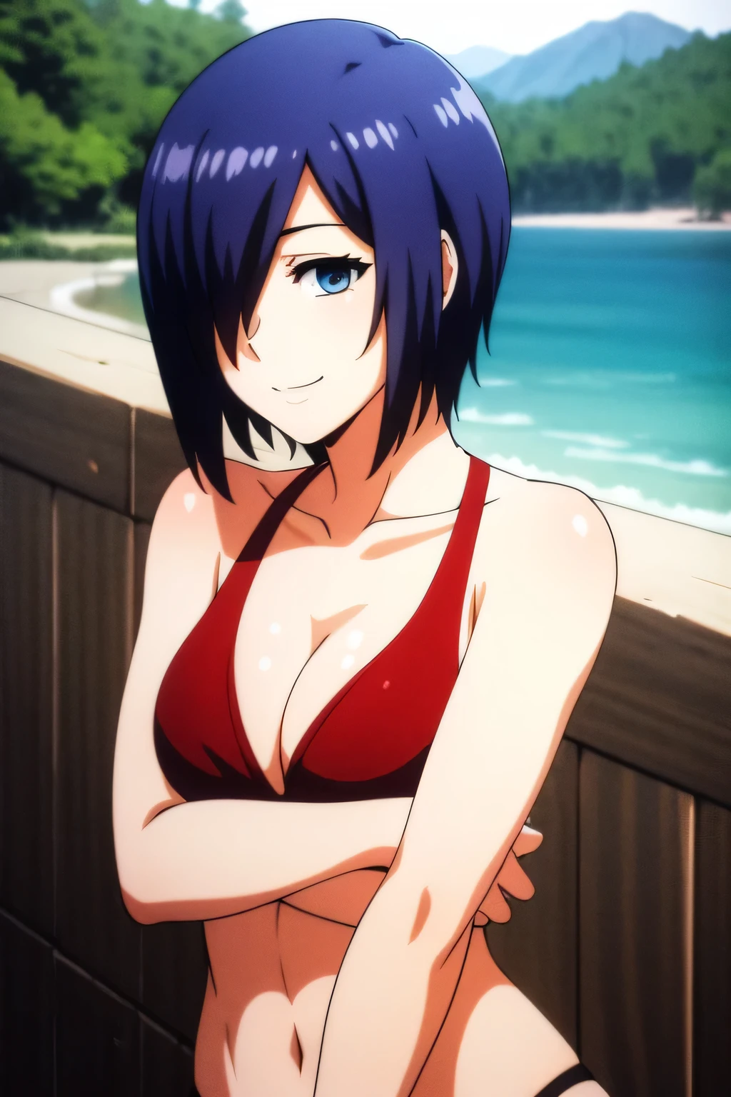 RAW photo, a portrait photo of  woman, (high detailed skin:1.2), 8k uhd, dslr, soft lighting, high quality, film grain, Fujifilm XT3, ((blue eye)) , short hair, woman, bare shoulders, straddling, straddling viewer, masterpiece, 1girl, HDR, UHD, 4K, ocean, island, outdoors, bright sky, sunny, clear sky, red bikini, two piece bikini, thong panties, big breasts, red thong, large breasts, cleavage, slim waist, slim stomach, slim, underboob, nice thighs, nice ass, big ass, cameltoe, full frame, upper body in frame, cowboy shot, looking at view, smile
