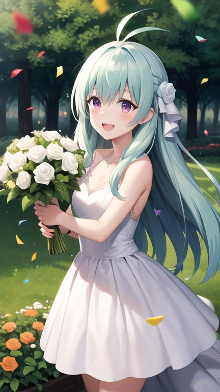 masterpiece, best quality, highres, Run Elsie Jewelria, solo, long hair, antenna hair, purple eyes, wedding dress, white dress, standing, cowboy shot, holding bouquet, smile, open mouth, confetti, garden,