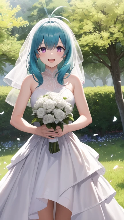 masterpiece, best quality, highres, Run Elsie Jewelria, solo, long hair, antenna hair, purple eyes, wedding dress, white dress, standing, cowboy shot, holding bouquet, smile, open mouth, confetti, garden,