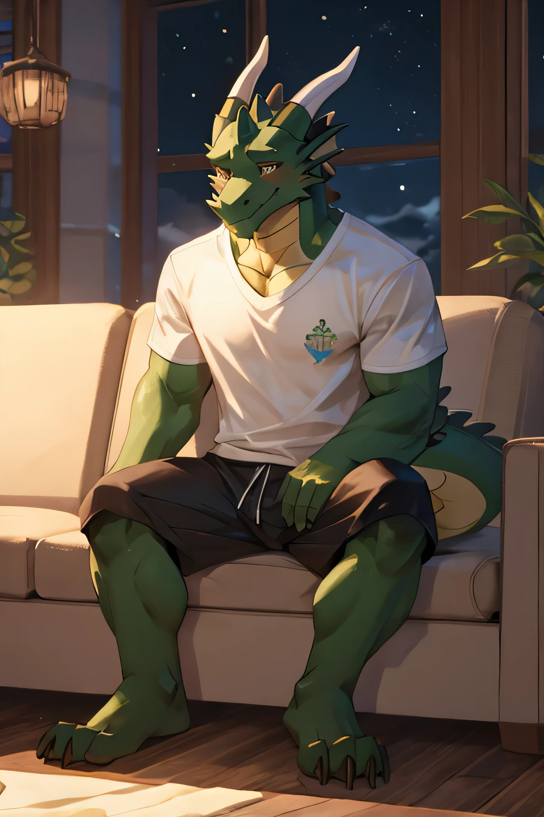 A black and green dragon watching something and blushing while sitting on the couch and in shorts