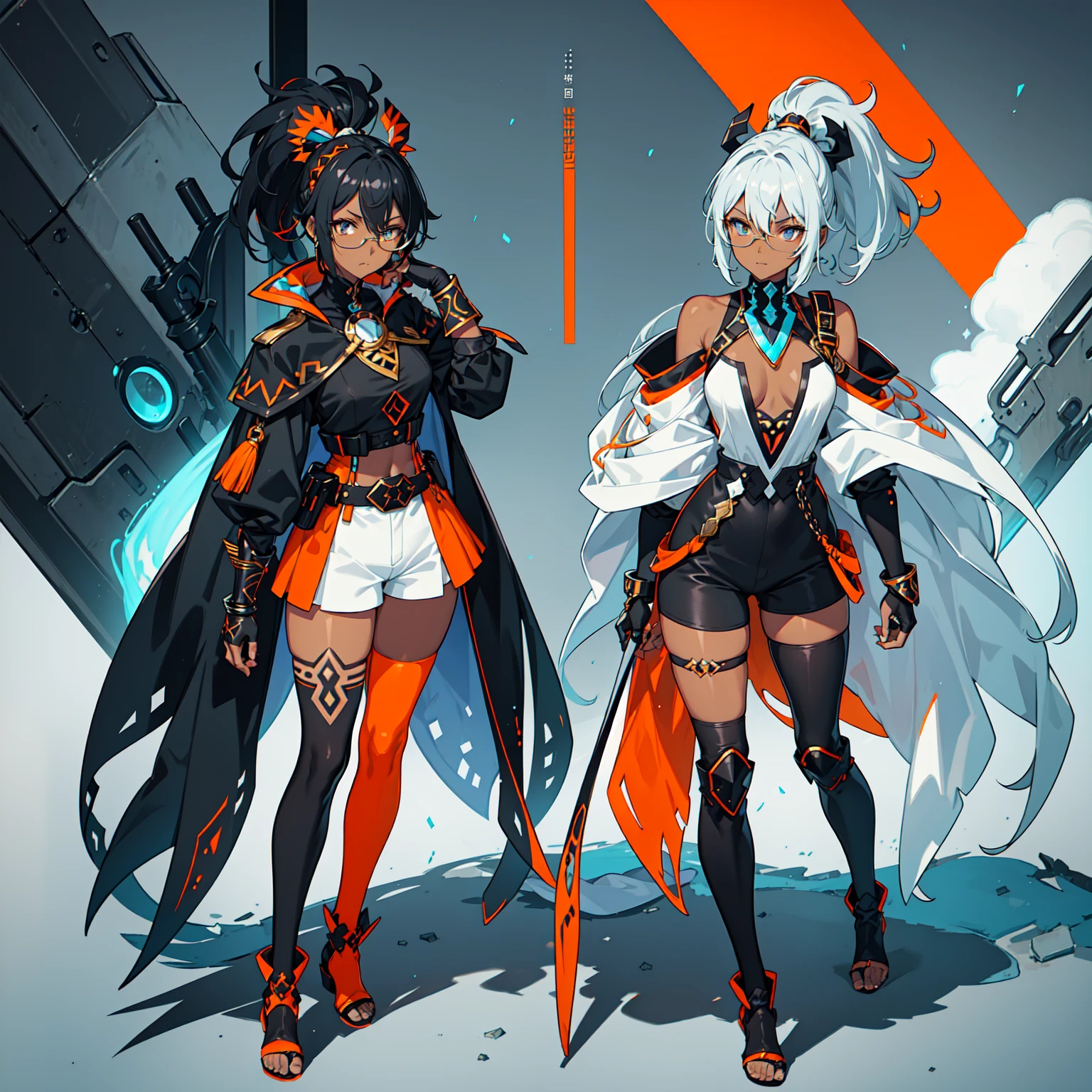 (((One character))), Female, (((Dark Skin)))), Black Hair with Ponytail, Light Blue Eyes, Round Glasses with a Little Dark Lens with this Lens being Orange, and the Light Blue Color frame, (((Black Metallic Gauntlets and Greaves with Orange and Silver Highlights)), (((The Clothes Have a Mix of Modern and Tribal)))), Having Mostly Black Color, but having Orange Parts, Shoulders on Display, On the Hip a Shorts extending to Half of the Thigh of black color.