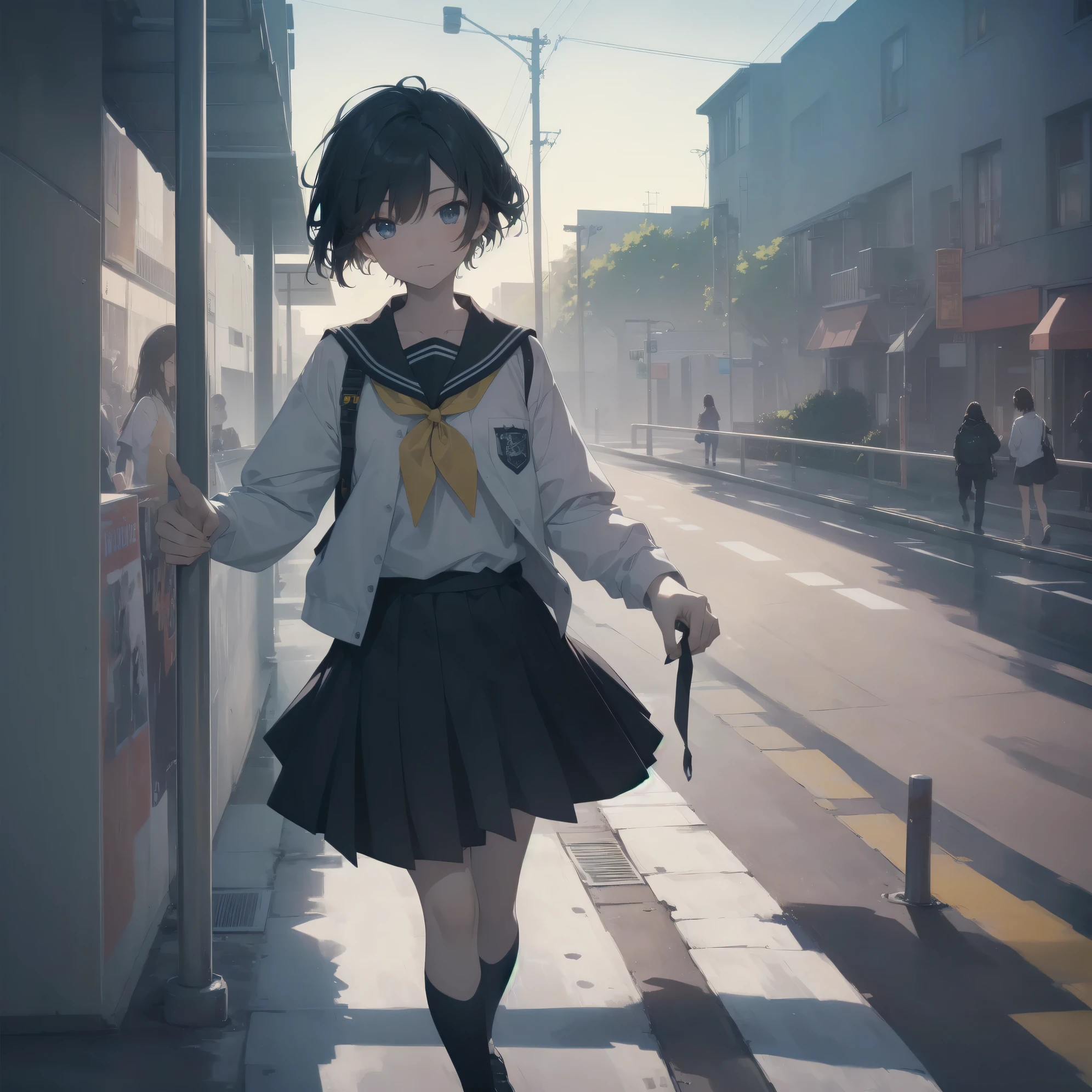 ultra-absurdres-Top quality by artist God, ultra-detailed, high resolution, anime moe artstyle, best anime 8k konachan wallpaper, pixiv contest winner, pool:2810, perfect anatomy,break, 1girl, (Please draw a girl walking sleepily to school alone. )break,(Solo,little female, 13-year-old:1.3),Full limbs, complete fingers,a junior high school student, (very short hair), short cut, flat chest, , small butt, small black eyes, beautiful detailed eyes, well-proportioned iris and pupils, expressive eyes, highres detailed hair, soft expression, salor school_uniform, sailor collar, serahuku, bow, pleated skirt,(Detailed Lighting), (Detailed background), in the School commute route. break,super detailed skin, Best cinematic lighting powered by famous artist, 8k,beauty illustration,photoshop_(medium),very aesthetic,break,((artist:nanashi_(nlo) )), artist:clamp ,artist:carnelian ,artist:kantoku ,
