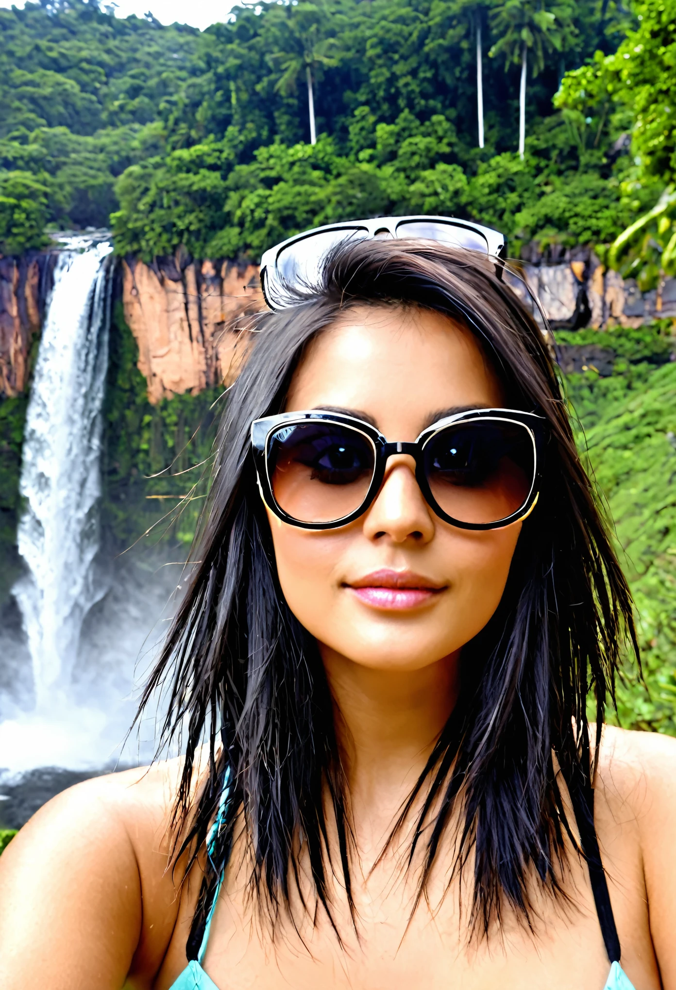 Mujer cabello muy corto con gafas sentada en un paisaje hermoso con cataratas