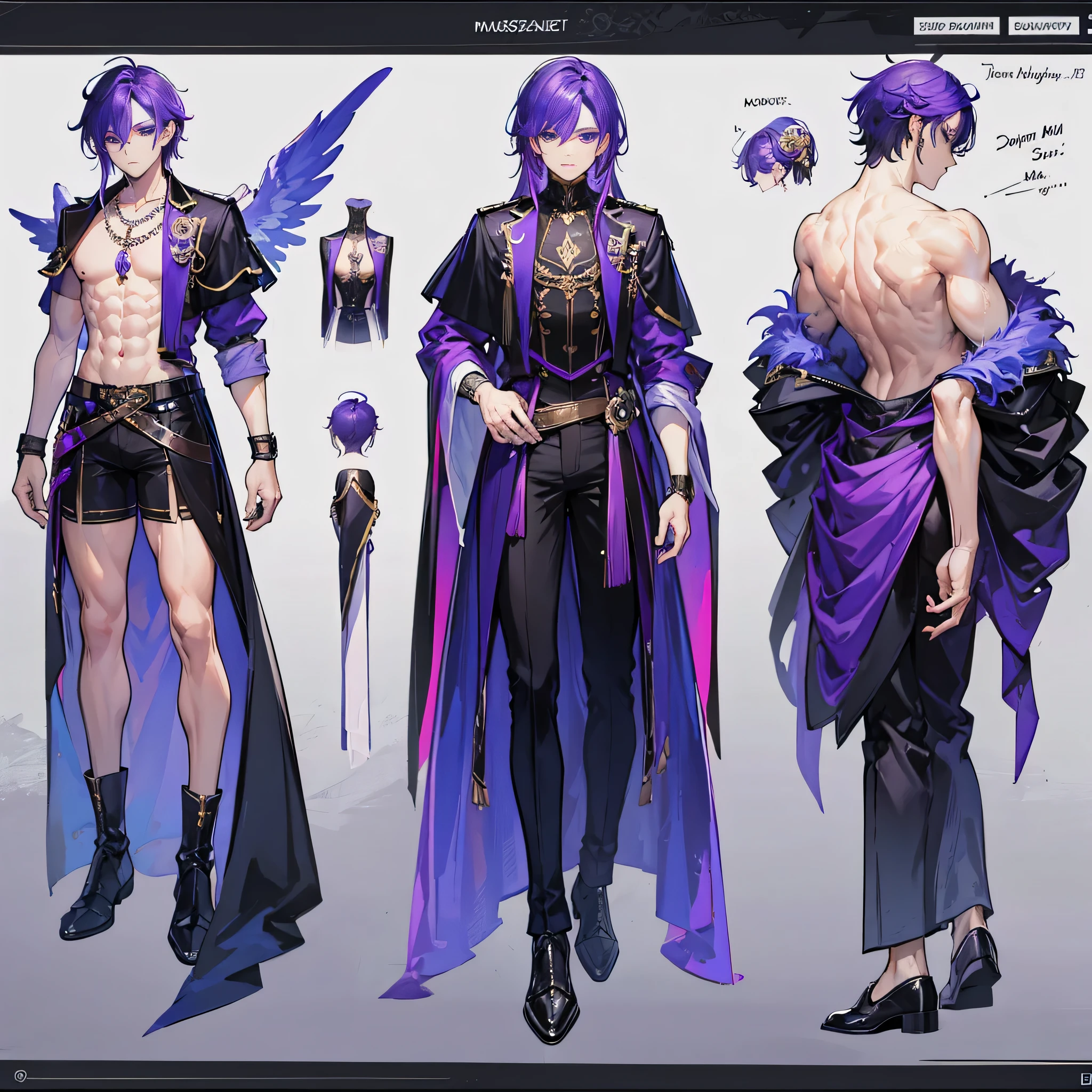 ((Masterpiece, Highest quality)), Male, boy, Detailed face, character design sheet，full bodyesbian, Full of details, frontal body view, back body view, Highly detailed, character sheet, reference sheet, character design, Many parts, dark skin, angel wings, purple hair, angel outfit, Muscle boy with purple hair，handsome man, male angel , man tall, abs, pectoral muscle