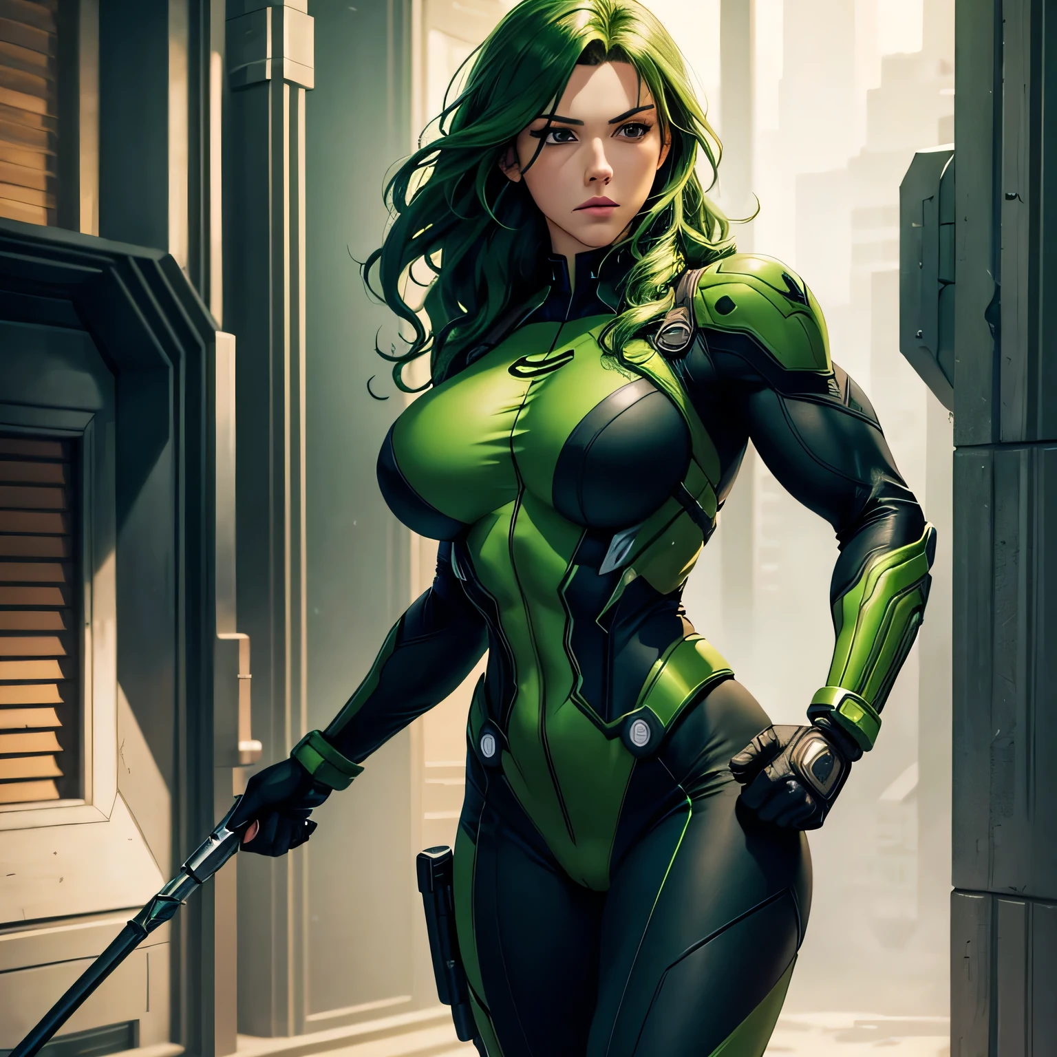 masterpiece, best quality, agrias, a woman, solo, wearing green black widow suit, superhero, standing, green hair, high leg, wavy hair, muscular , detailed face, muscular detailed face, age 22, , big breast