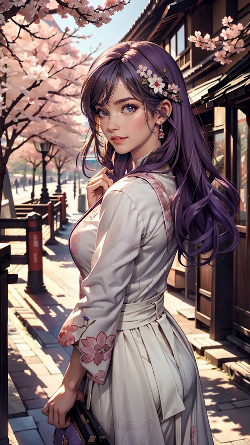 High resolution, masterpiece,sakura matou,destiny, Purple Hair, alone, One girl,outside,Detailed Background, Fine grain,