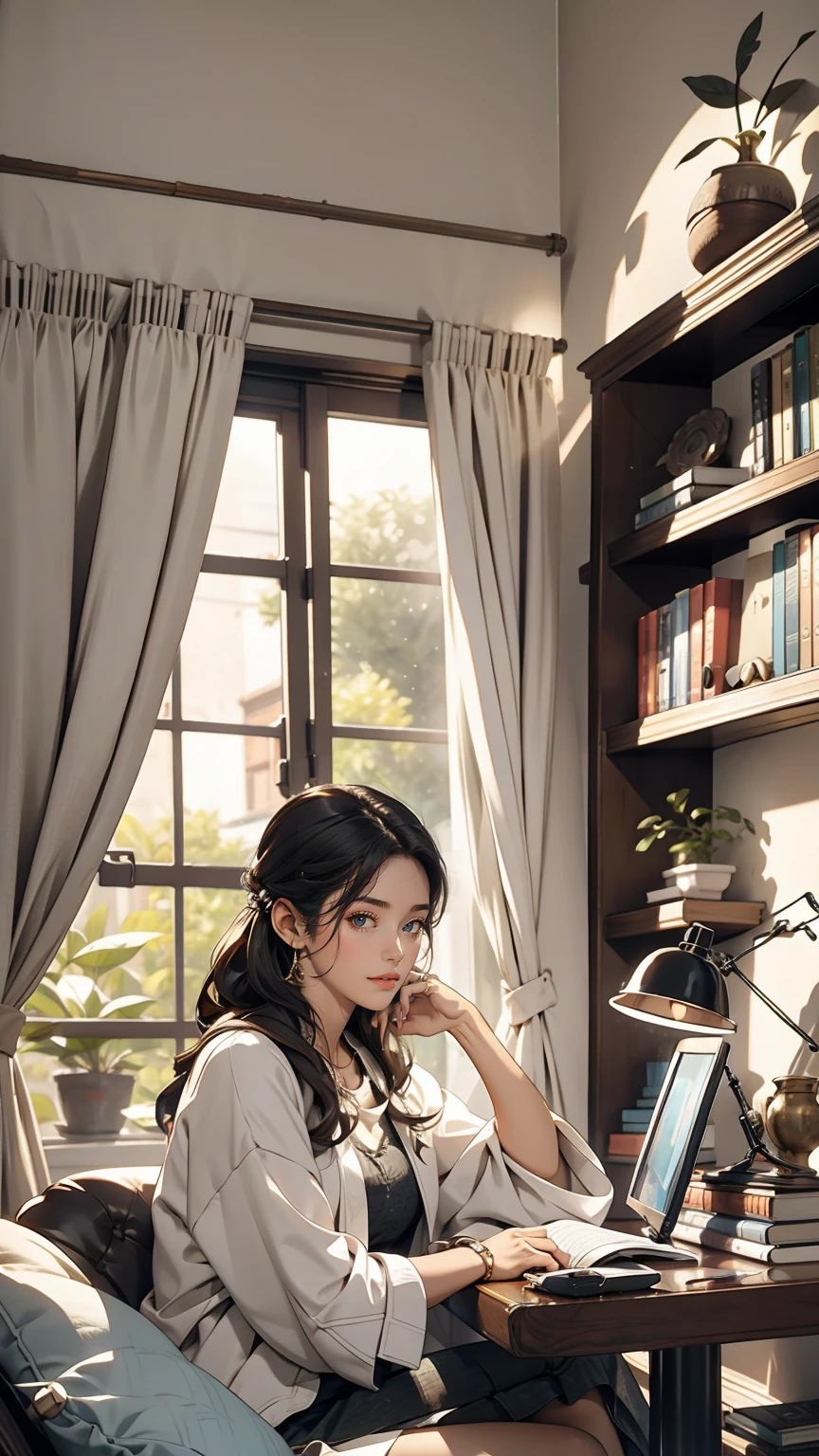 living room, sofa, window, curtain, Speckled sunlight, Potted plants, table, cupboard,Bookshelf, paper, Desk lamp, Typewriter, Girl sitting on sofa