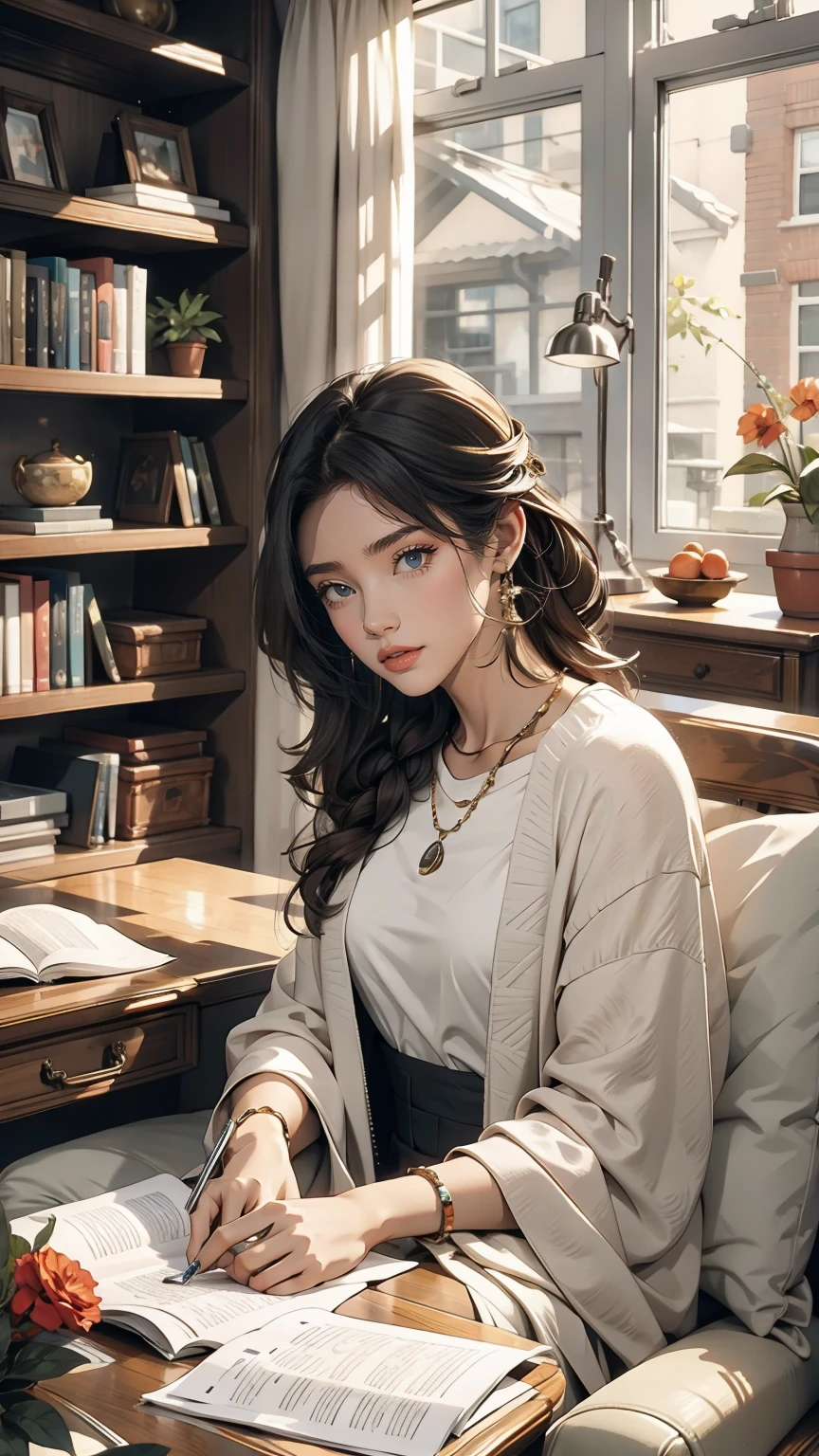 living room, sofa, window, curtain, Speckled sunlight, Potted plants, table, cupboard,Bookshelf, paper, Desk lamp, Typewriter, Girl sitting on sofa