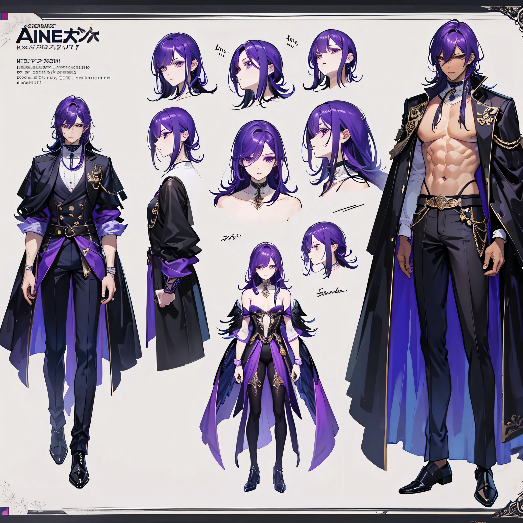 ((Masterpiece, Highest quality)), Male, boy, Detailed face, character design sheet,full bodyesbian, Full of details, frontal body view, back body view, Highly detailed, character sheet, reference sheet, character design, Many parts, dark skin, angel wings, purple hair, angel outfit, Muscle boy with purple hair,handsome man, male angel , man tall, abs, pectoral muscle