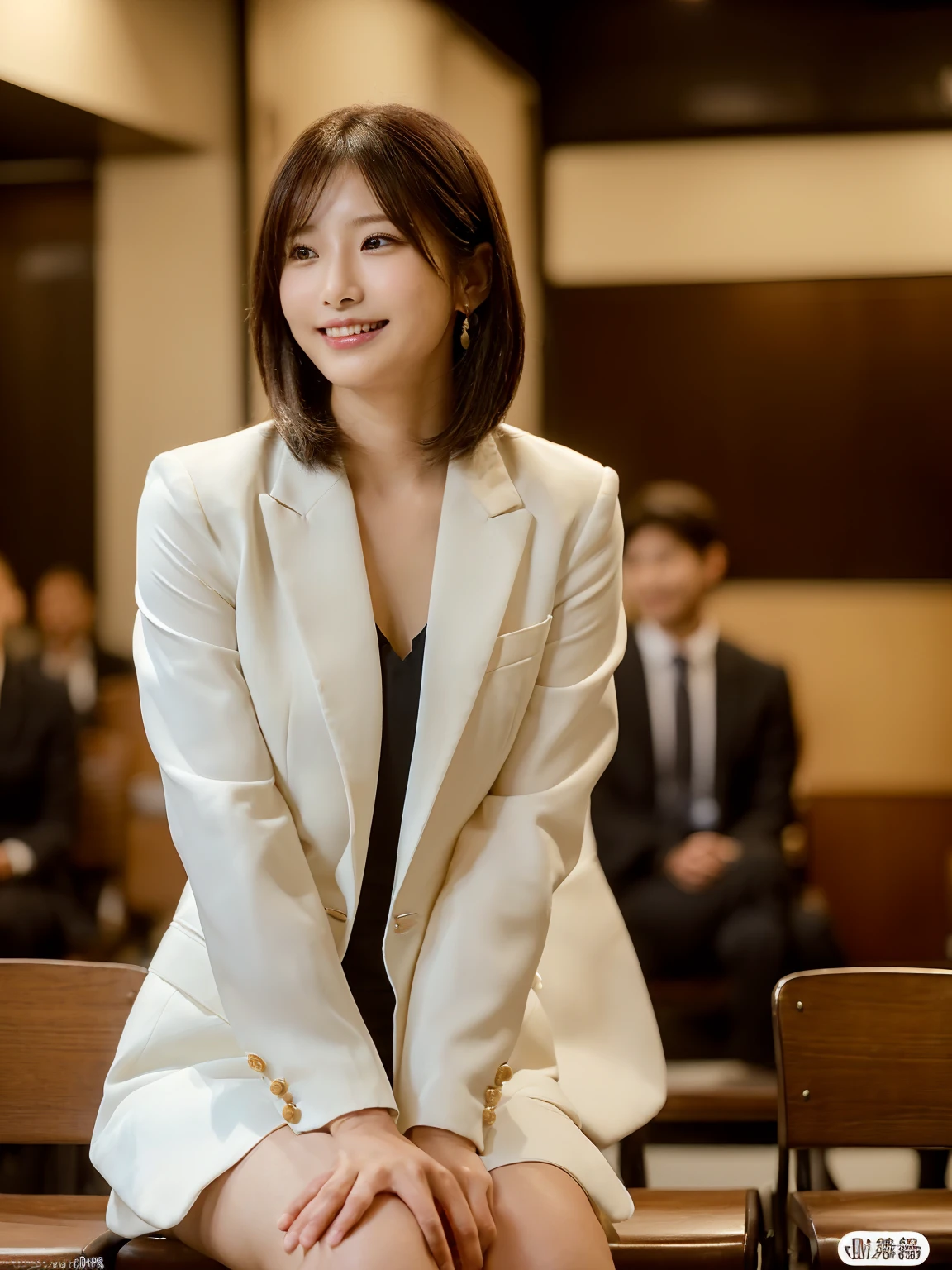 (Ultra-high resolution:1.5)(Very detailed:1.3) (super high quality) (super high quality:1.5) (Actual Photos:1.3) Japanese women　21 years old　((詳細でbeautiful顔:1.3)) ((Realistic skin texture:1.To be precise, High quality eyes:1.3)) ((High-quality ear beauty with attention to detail)  ((Very white and clear skin:1.3)) ((beautifully groomed straight short bob hair)) ((Perfect body))beautifulプロポーション　(Wear a business suit as if you were going to an interview)　The background is the interior of a cafe at dusk....　beautiful, Luxurious and stylish interior　((Smiling kindly at the audience:1.3)) Big Breasts　非常にbeautifulハイビジョン画質 ((非常にbeautiful女の子)) ((Very detailedで高品質な画像:1.Place your hands on your knees