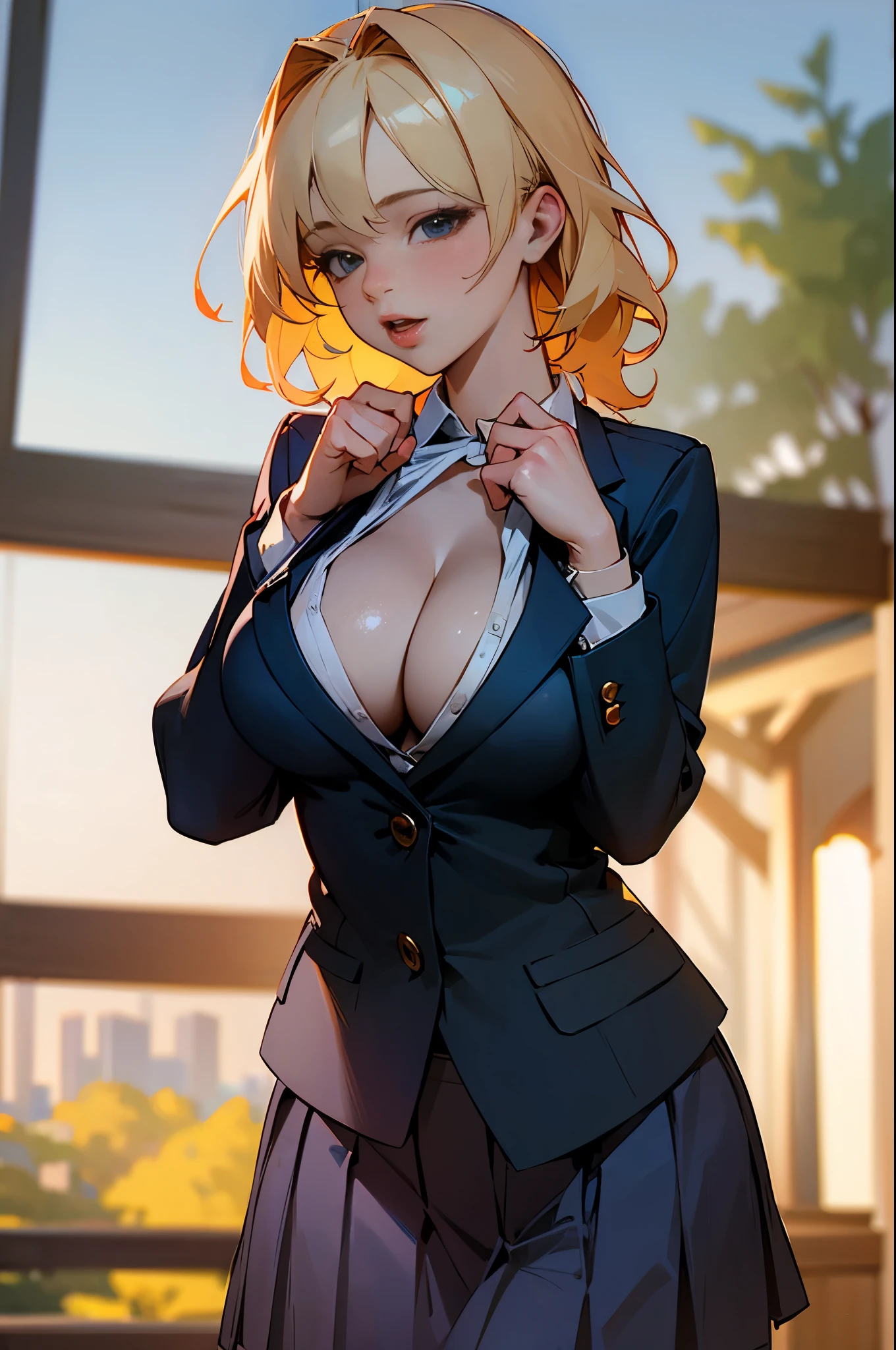 ((best quality)), ((masterpiece)), (detailed), school blazer, private school girl, renatadaninsky, city park, cleavage, nsfw