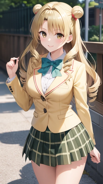 masterpiece, best quality, highres, 1girl, solo, long hair, blonde hair, double bun, drill hair, brown eyes, , green bowtie, blazer, yellow jacket, long sleeves, plaid skirt, green skirt, standing, cowboy shot, outdoors, smile,