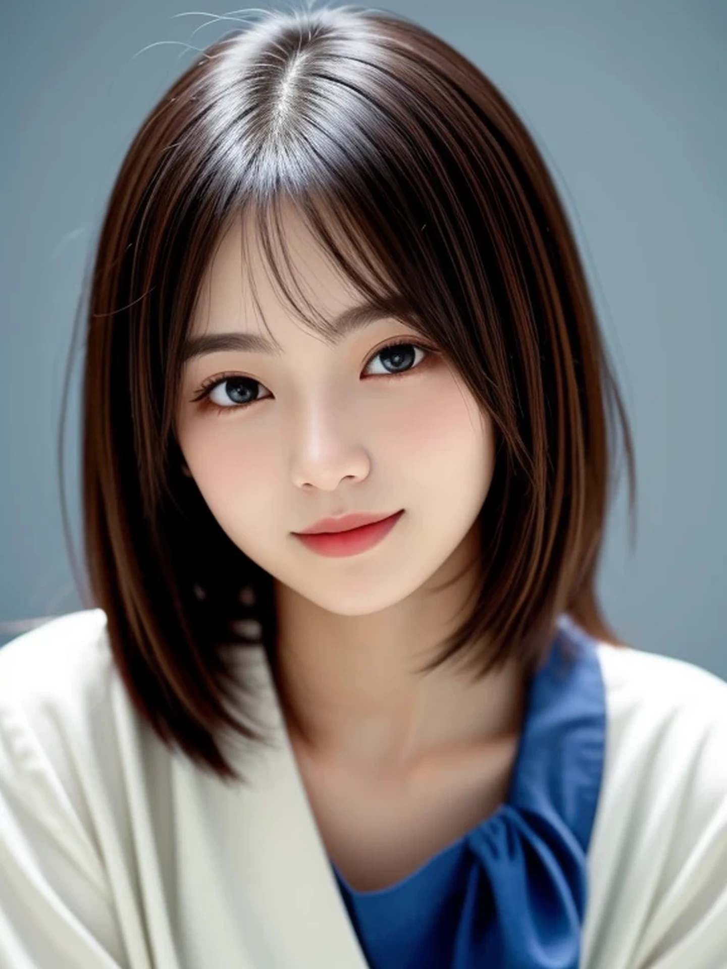 Beautiful Japanese Woman, Soft skin and a nice perfect face, A small face with a nose and rosy lips, Beautiful Eyes, Beautiful smile. black, Surrounded by a bright, ethereal glow、Thin, long, beautiful hair. A loose, short hairstyle with gradation highlights and layers of greyish beige, Navy skirt, Hyperrealistic female photos, High quality high resolution 8K masterpiece