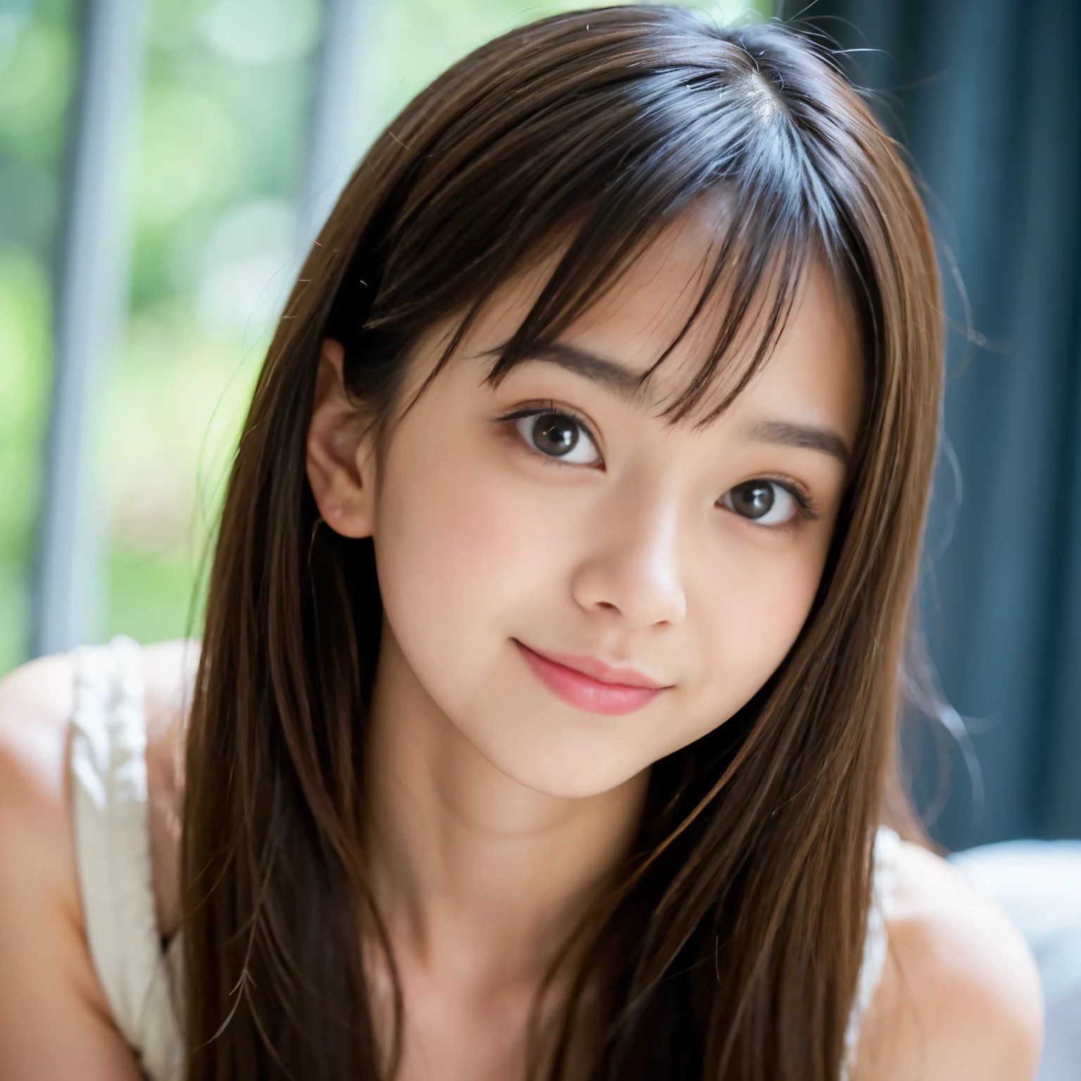 (Best-quality, Masterpiece, Ultra-High-Resolution, (Photorealistic:1.4), Raw Photo, depth of field, professional lighting, perfect anatomy, extremely details), 1girl, 15-years-old, the most famous Japanese idol, portrait, in luxury hotel suite, ((wearing the latest fashion, detailed the-latest-fashion)), (extremely cute face like the most popular Japanese idol, ((extremely cute and extremely big eyes)), extremely cute hair, extremely beautiful skins, extremely cute cheeks), extremely cute long-eyelashes, extremely cute lips, looking at viewer, innocent smile
