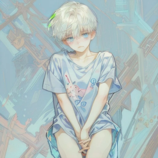 a drawing of a person with a shirt on standing in front of a blue background, slender boy with a pale, full body portrait of a short!, loish |, with a sad expression, thin young male, faded drawing, blurry and dreamy illustration, halfbody portrait, he is sad, soft anime illustration, looks sad and solemn, loish art style, no pants, long t shirt, bottomless