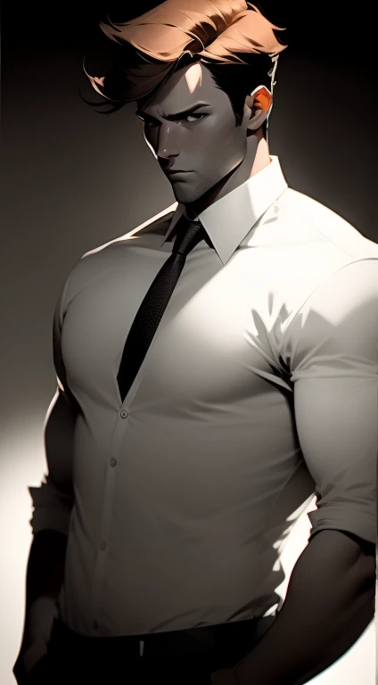  Mid 20s male detective, brown hair, detailed, toned body, simple, Noir et blanc, monochrome, looking at viewer, plain looking, white shirt and tie, gritty, unshaven