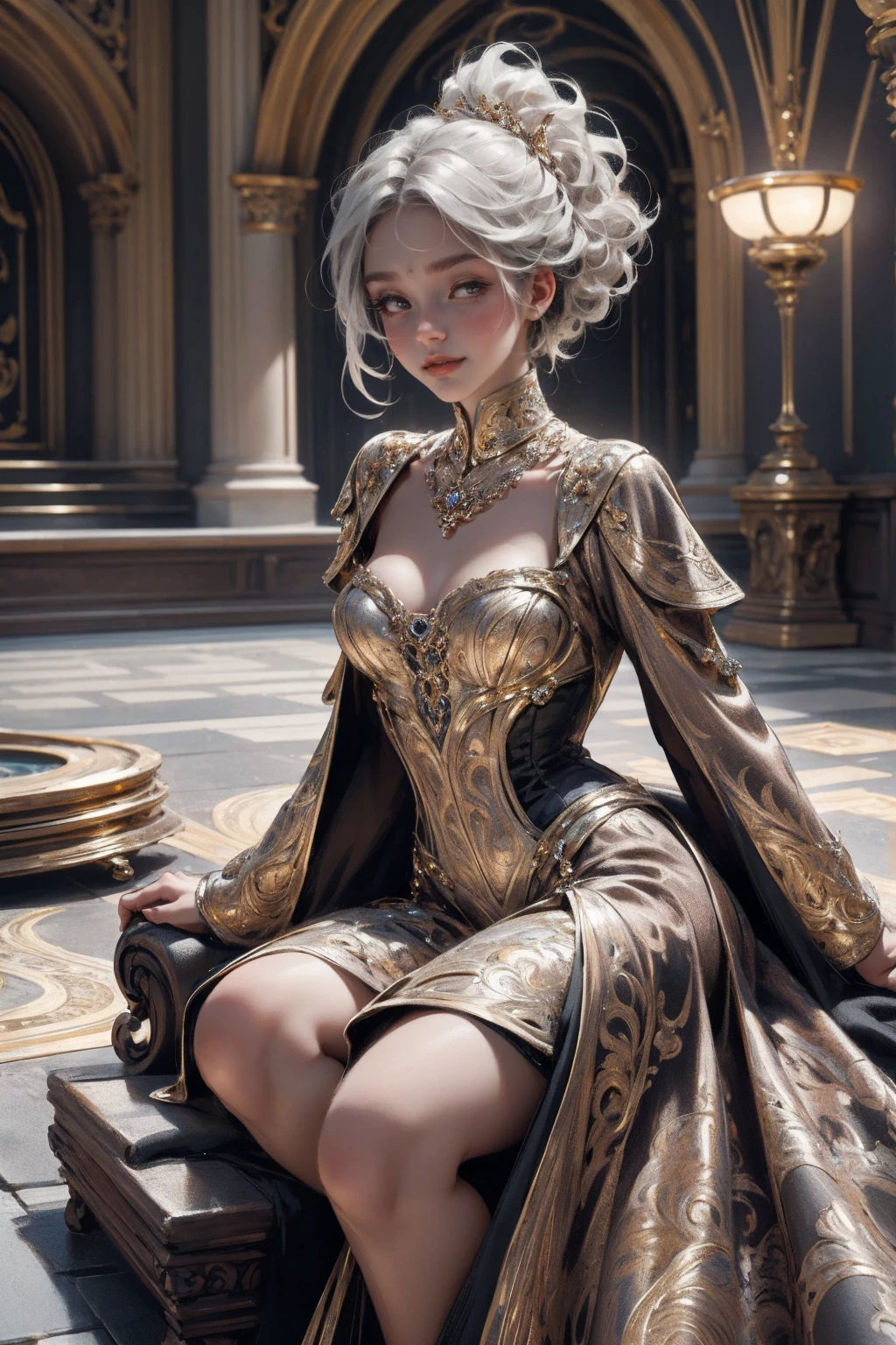 { - anatomy error}(Masterpiece - Ultra-detailed, very high resolution) Prepare to be enchanted by a true masterpiece that combines ultra-detailed art with high-resolution rendering. This work depicts a mesmerizing woman with short white hair (1.3) and captivating gray eyes (1.2), emanating an aura of elegance and mystery in Victorian settings. The intricate details and realistic textures invite you to explore every aspect of this enchanting composition. Woman wearing beautiful classic Victorian costume from the year 1878. Red lips. Happy face. Smiling. light brown (gold) dress. Laying on the ground, whole body. dynamic poses. Get ready to dive into a world where beauty and craftsmanship merge perfectly.
