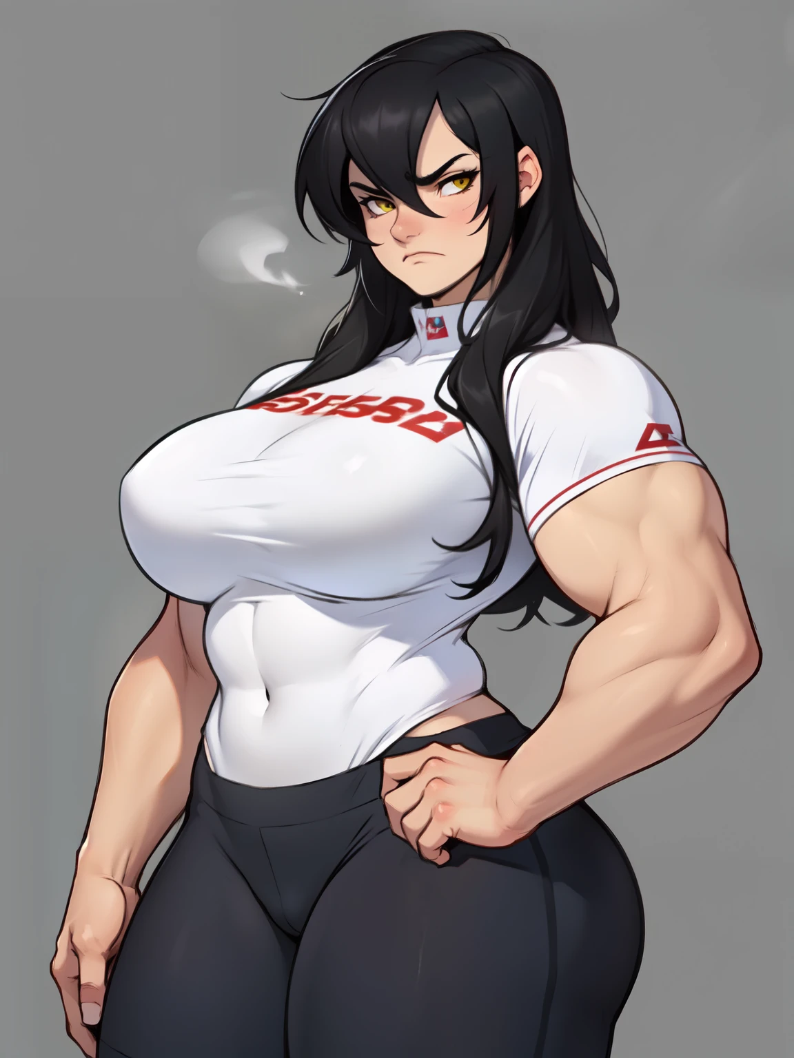 muscular girl thick breasts black hair yellow eyes pale skin best quality sad girl frown thick