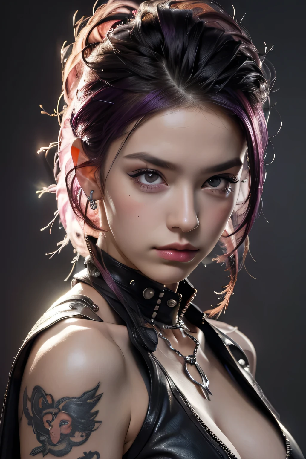 Model Girl, Professional:1.6, (最high quality, 4K, 8k, High resolution, masterpiece:1.2),Ultra-detailed, Realist, Punk Style, fashion punk, ((Upper body portrait)), Spiked clothing, Chain Accessories, Rebel pose, Mohawk Alto, Rainbow Hair, flashy, Nervous background, Studio Lighting, Dynamic pose and elegant､masterpiece, 最high quality, high quality, High resolution, (((Upper body portrait)))､Super big 