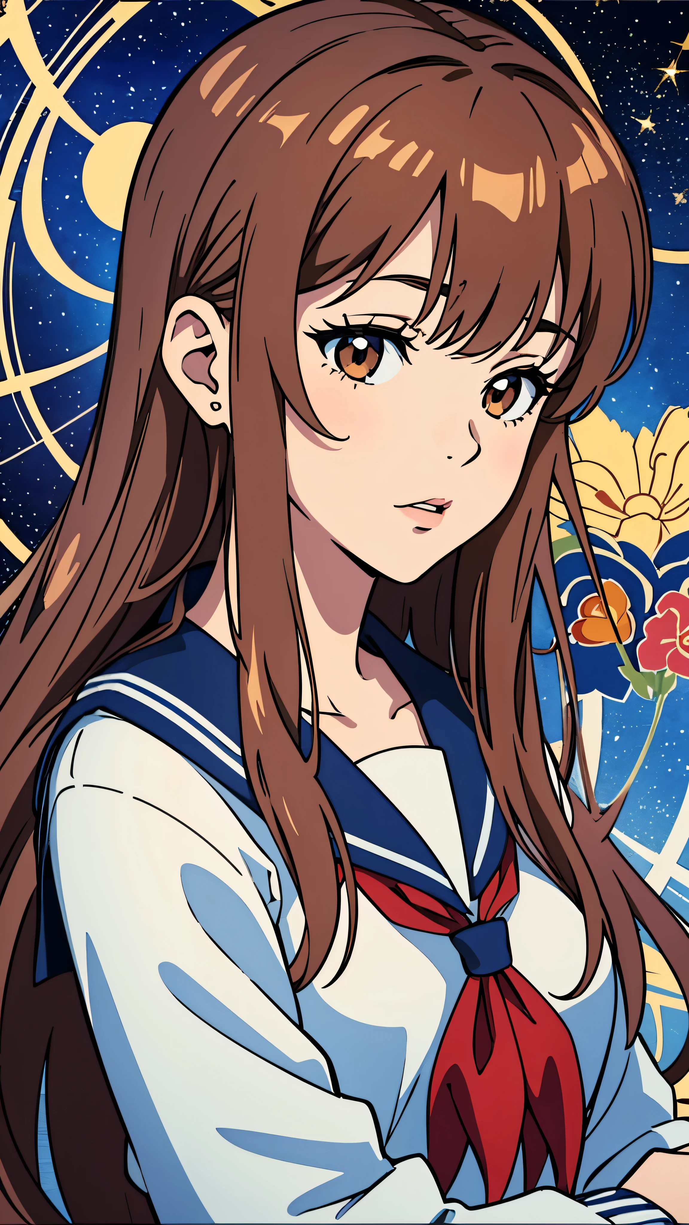 With fascinating illustrations、The iconic Ichige style comes to life、Beautifully crafted with a harmonious blend of human creativity and digital art.。「A Moment of Serenity」This image, entitled、Surrounded by a vibrant backdrop of striped background featuring polka dots and stars、It depicts a fascinating person.。 The girl with long brown hair and a delicate heart-shaped ornament、Sailor collar Serafuku with a long sleeve cardigan、A neckerchief is wrapped around his neck.、Adds a touch of eccentricity and sophistication