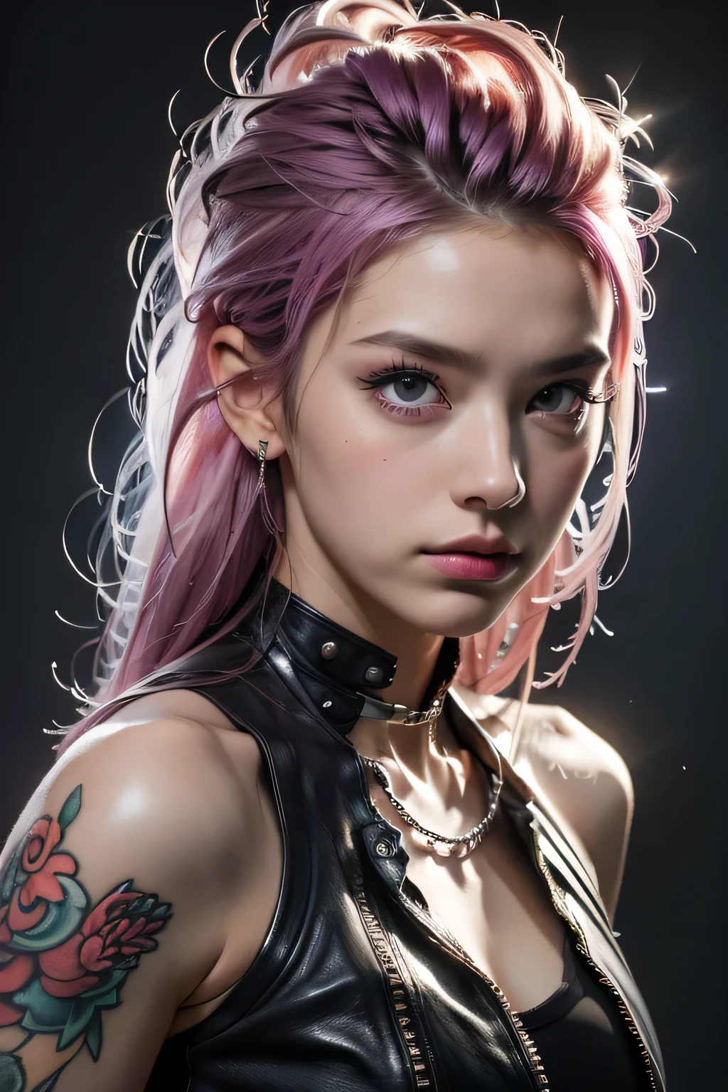 Model Girl, Professional:1.6, (最high quality, 4K, 8k, High resolution, masterpiece:1.2),Ultra-detailed, Realist, Punk Style, fashion punk, ((Upper body portrait)), Spiked clothing, Chain Accessories, Rebel pose, Mohawk Alto, Rainbow Hair, flashy, Nervous background, Studio Lighting, Dynamic pose and elegant、masterpiece, 最high quality, high quality, High resolution, (((Upper body portrait)))、Super big