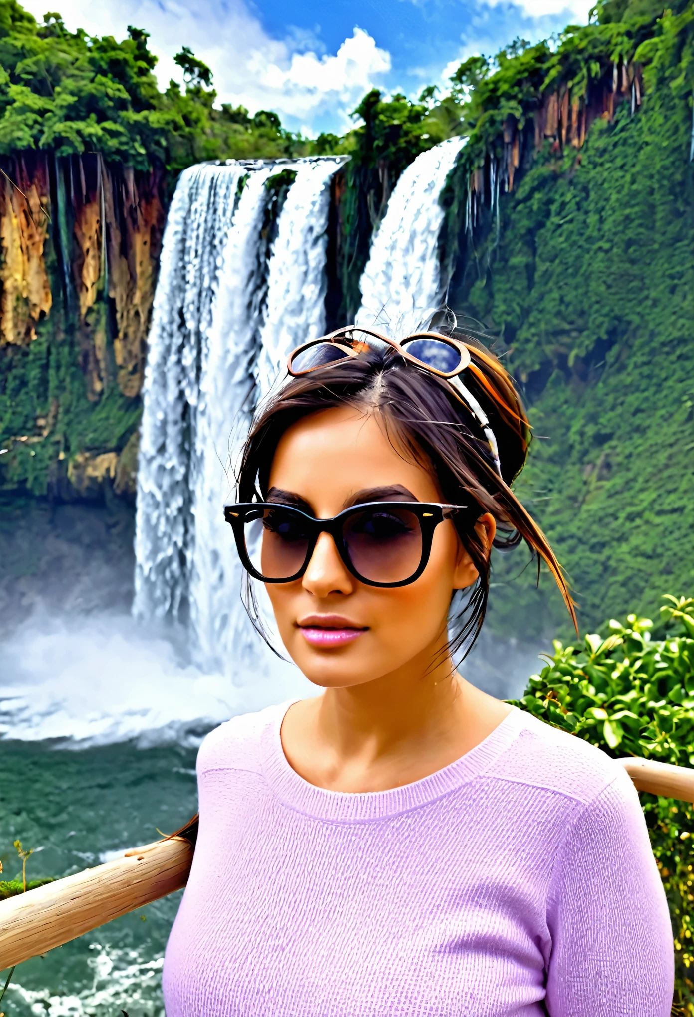 Mujer cabello muy corto con gafas sentada en un paisaje hermoso con cataratas