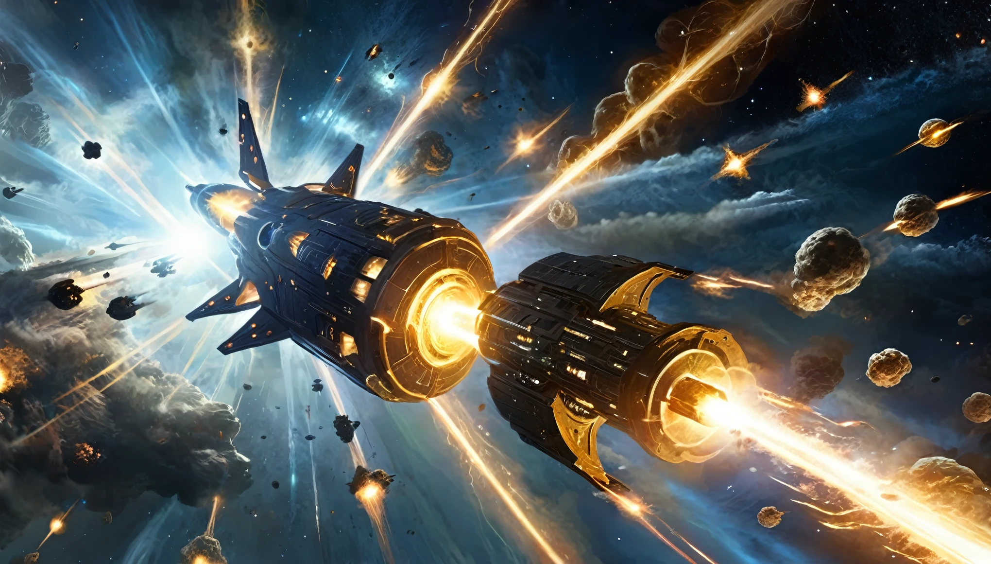 Spaceships engaged in an epic space battle, laser beams crisscrossing the dark, star-filled sky, with explosions illuminating the scene.