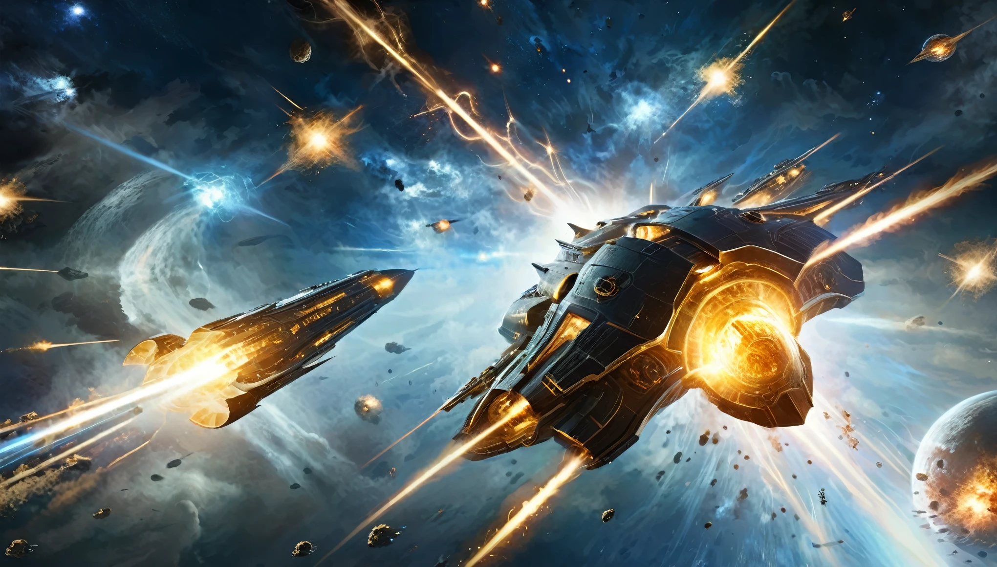 Spaceships engaged in an epic space battle, laser beams crisscrossing the dark, star-filled sky, with explosions illuminating the scene.
