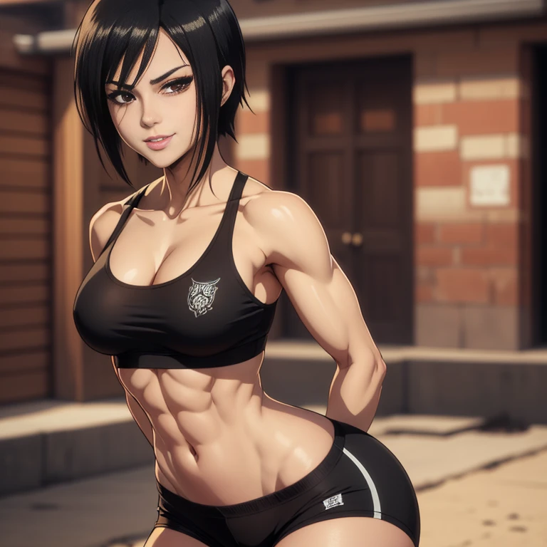 1girl, solo, Alexis is a muscular fighter girl and a sadistic bully. (Bully Boxer Tomboy), in a black sports bra top and black tight shorts posing, seductive anime girl, attractive anime girl, thicc, sultry smirk, extremely detailed artgerm, teasing smile, anime moe artstyle, anime girls, anime girl, (anime girl), anime best girl, beautiful alluring anime woman, ecchi anime style, anime waifu, an anime girl, 