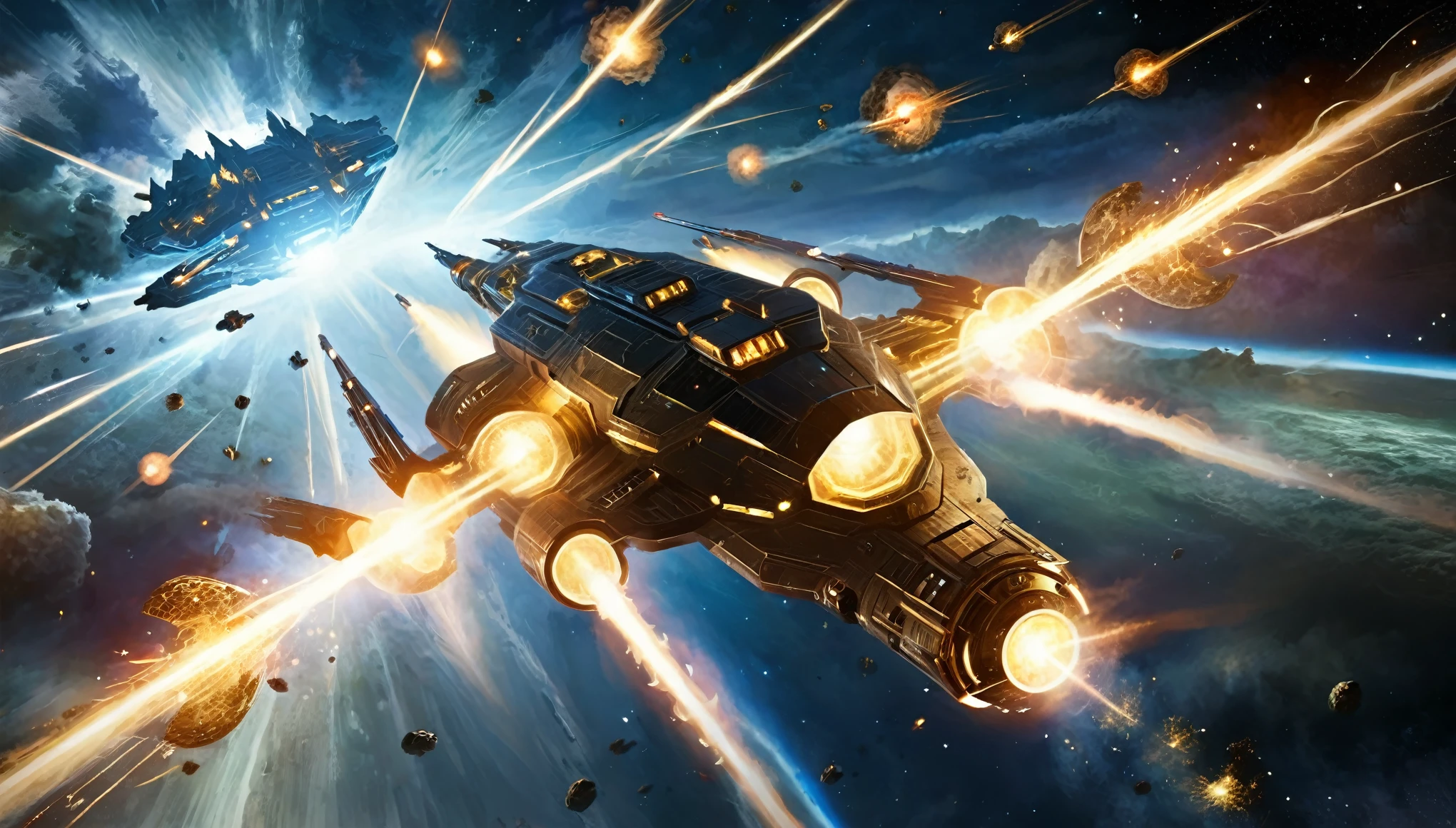 Spaceships engaged in an epic space battle, laser beams crisscrossing the dark, star-filled sky, with explosions illuminating the scene.