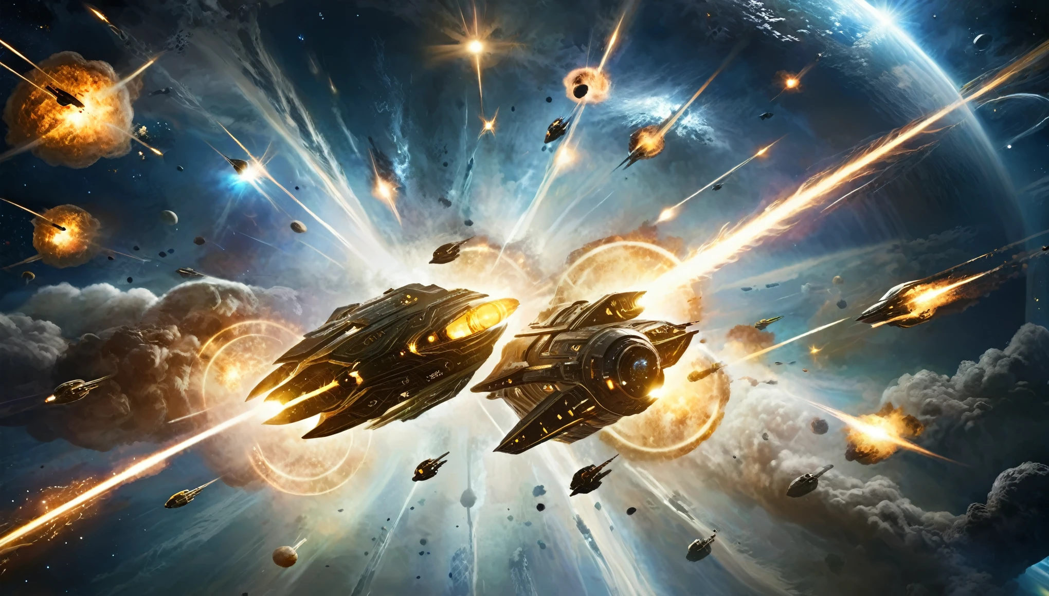 Spaceships engaged in an epic space battle, laser beams crisscrossing the dark, star-filled sky, with explosions illuminating the scene.