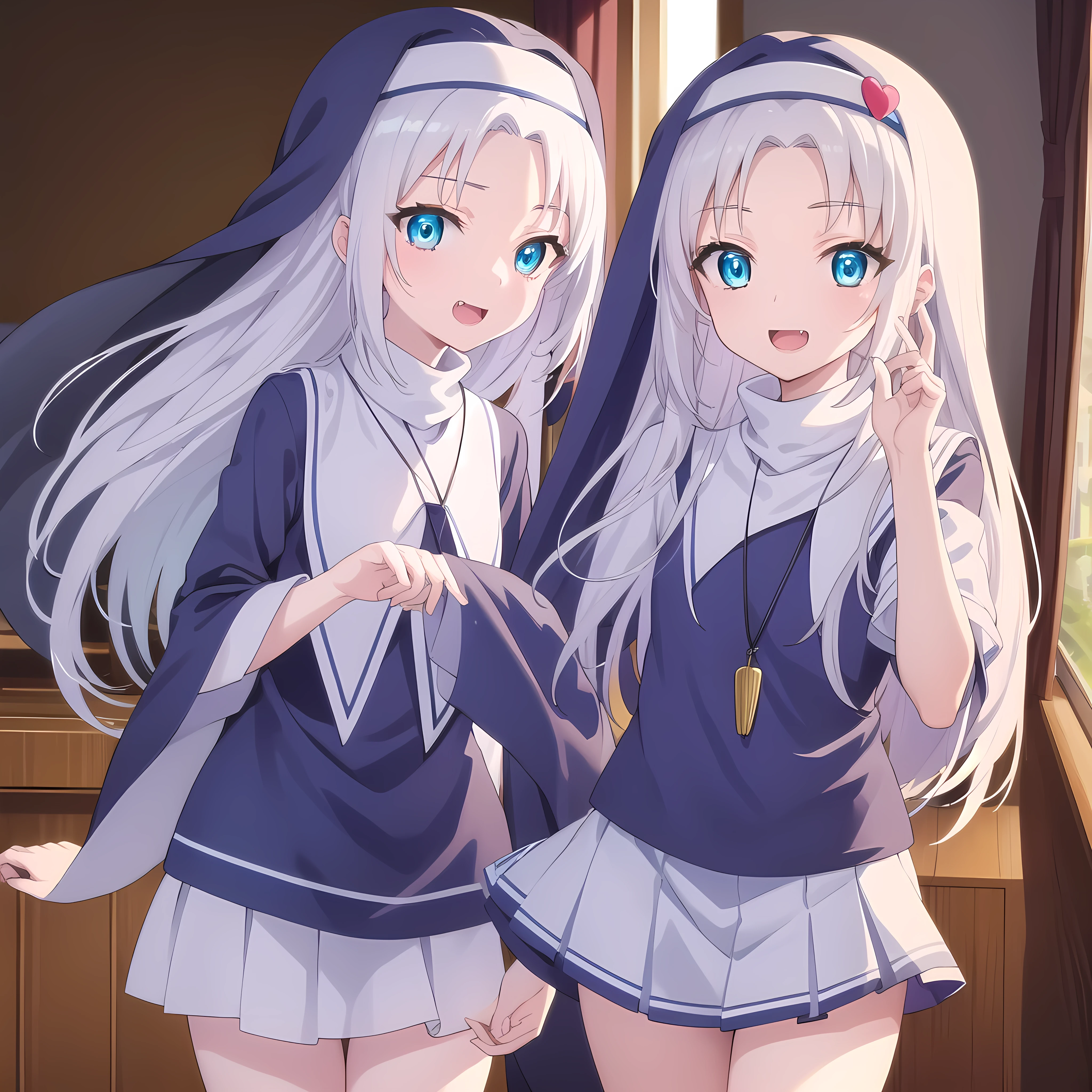 mariatakayama, maria takayama, long hair, blue eyes, fang, aqua eyes, smile, open mouth, seventeen years old
BREAK jewelry, heart, necklace, nun, habit, white short skirt
BREAK indoors, classroom,
BREAK looking at viewer, (cowboy shot:1.5),
BREAK (masterpiece:1.2), best quality, high resolution, unity 8k wallpaper, (illustration:0.8), (beautiful detailed eyes:1.6), extremely detailed face, perfect lighting, extremely detailed CG, (perfect hands, perfect anatomy),