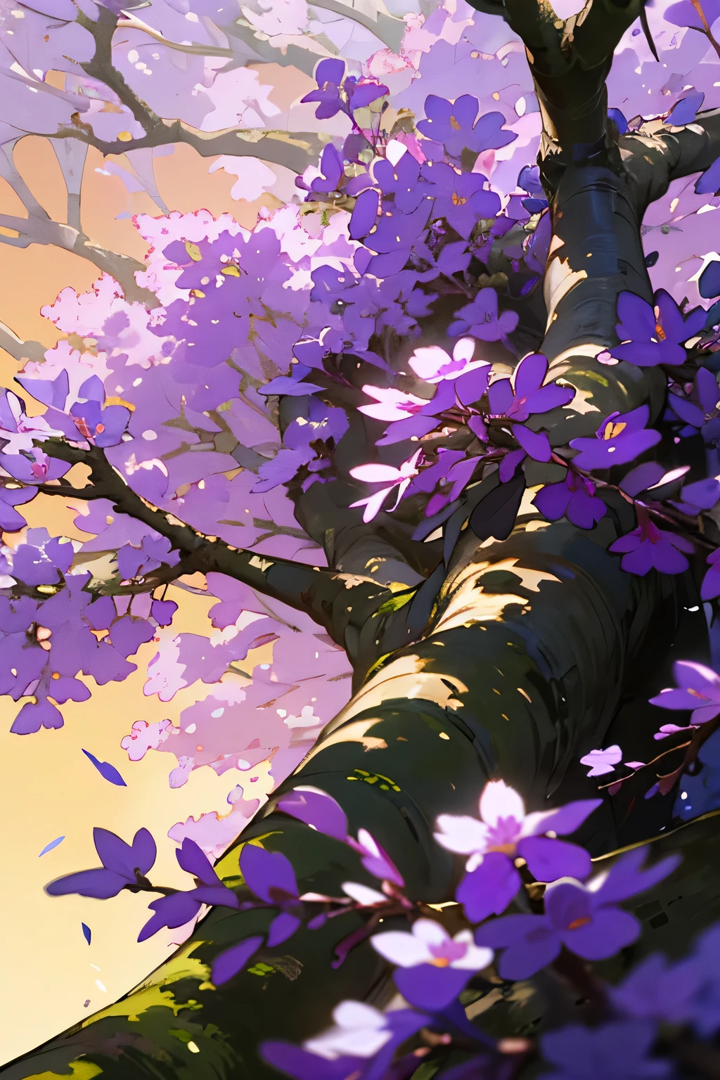 ((best quality)), ((masterpiece)), (detailed), Purple leaves, Jacarada trees, Jacarada forest, Large forest, falling leaves, setting sun, sun shining through canopy, dense canopy, bright purple leaves, sunset, ground up perspective, no people, forest background, many trees, lush forest
