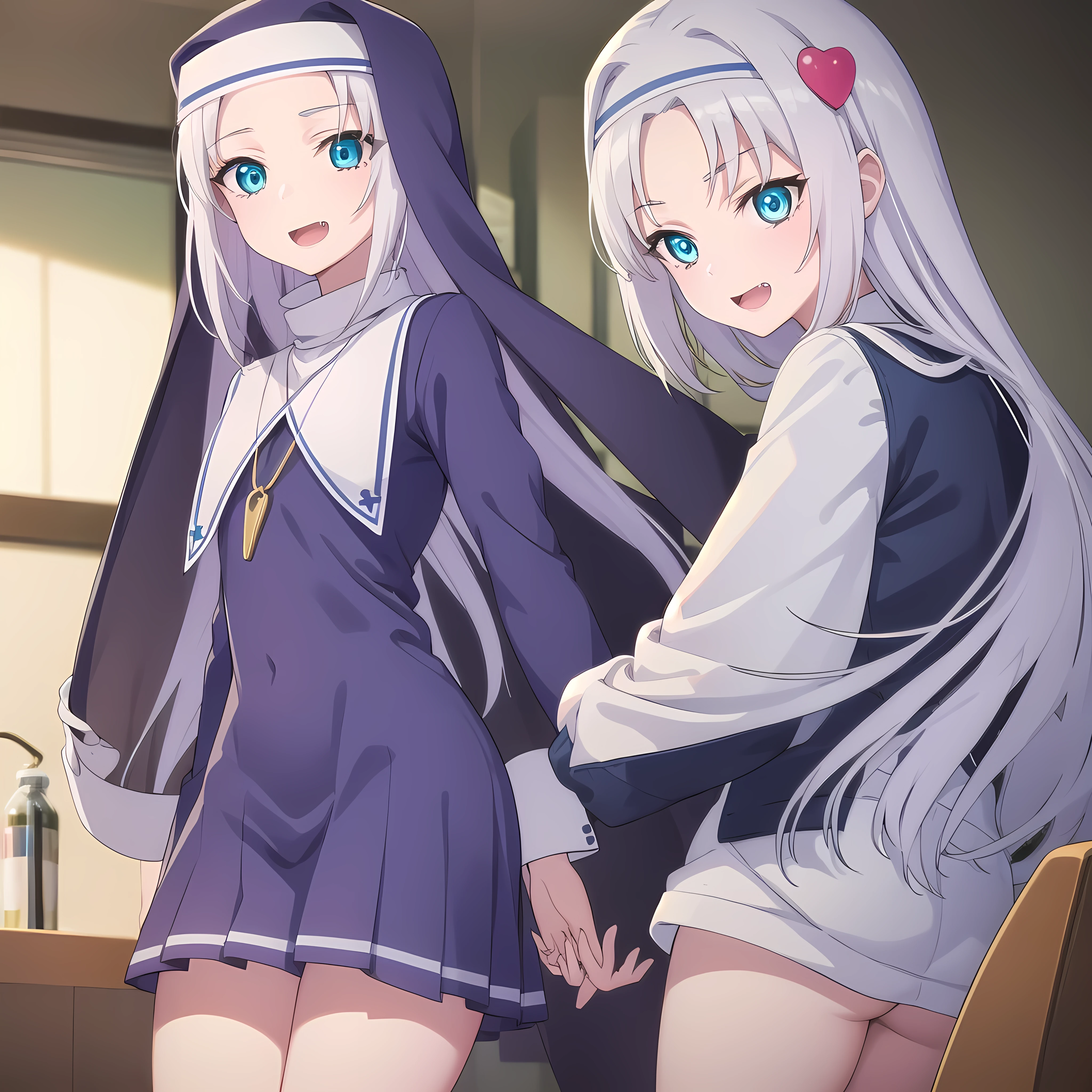 mariatakayama, maria takayama, long hair, blue eyes, fang, aqua eyes, smile, open mouth, seventeen years old
BREAK jewelry, heart, necklace, nun, habit, white short skirt
BREAK indoors, classroom,
BREAK looking at viewer, (cowboy shot:1.5),
BREAK (masterpiece:1.2), best quality, high resolution, unity 8k wallpaper, (illustration:0.8), (beautiful detailed eyes:1.6), extremely detailed face, perfect lighting, extremely detailed CG, (perfect hands, perfect anatomy),