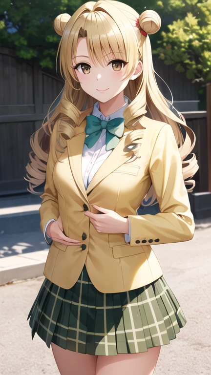 masterpiece, best quality, highres, 1girl, solo, long hair, blonde hair, double bun, drill hair, brown eyes, , green bowtie, blazer, yellow jacket, long sleeves, plaid skirt, green skirt, standing, cowboy shot, outdoors, smile,