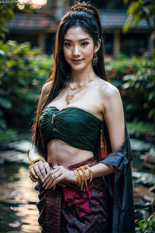Wide_opened lips, cute smile, cinematic photo (art by Mathias Goeritz:0.9) , photograph, from top, (Quite a bit body), the young beautiful face of Eurorean-Japanese girl, age 23yo, seductive expression, wetting long straight hair, 34 inch breasts size, nice cleavage, bulge nipples, nice abdominal muscles, big thighs, soaking (strapless thai traditional dress), short thai traditional skirt, Relaxing expression, the emerald pool side in the deep forest, tilt shift, bokeh, sunset lighting, film grain, Hasselblad X2D 100C + XCD 2,5/25V, F/1.8, (cinematic still:1.2), freckles, 35mm photograph film, professional 4k highly detailed, perfect fingers ,Extremely Realistic, UHD, sabai dress,