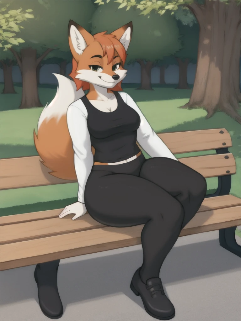 Furry, fox, smile, black leggings, white shirt, sit on bench, solo, park