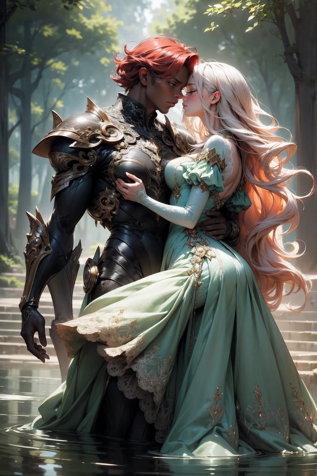 {-erro_de_anatomia:1.0}(best quality,4k,8k,highres,masterpiece:1.2), ultra-detailed, (realistic,photorealistic,photo-realistic:1.37), mature milf, illyasviel von einzbern, redhead hair, upper body, vibrant colors, glowing skin, mesmerizing eyes, brown eyes, elegant pose, enchanting background, delicate lace dress, green dress, surreal lighting, ethereal atmosphere, mystical aura, intricate details, artistic medium, digital illustration, fantasy, anime, walking on the water, kissing a beautiful black man