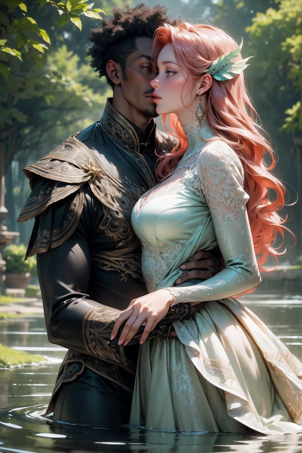 {-erro_de_anatomia:1.0}(best quality,4k,8k,highres,masterpiece:1.2), ultra-detailed, (realistic,photorealistic,photo-realistic:1.37), mature milf, illyasviel von einzbern, redhead hair, upper body, vibrant colors, glowing skin, mesmerizing eyes, brown eyes, elegant pose, enchanting background, delicate lace dress, green dress, surreal lighting, ethereal atmosphere, mystical aura, intricate details, artistic medium, digital illustration, fantasy, anime, walking on the water, kissing a beautiful black man
