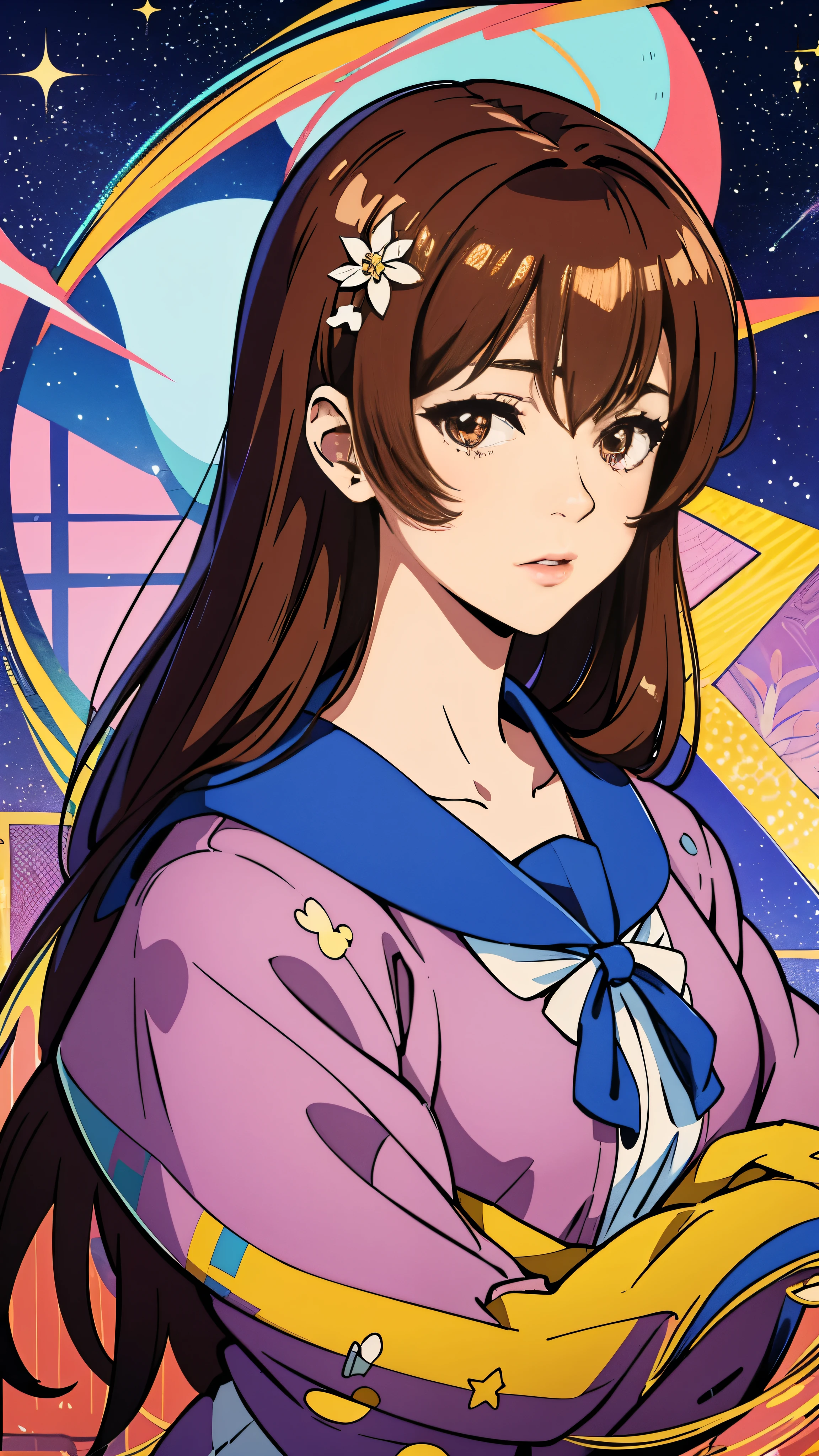 With fascinating illustrations、The iconic Ichige style comes to life、Beautifully crafted with a harmonious blend of human creativity and digital art.。「A Moment of Serenity」This image, entitled、Surrounded by a vibrant backdrop of striped background featuring polka dots and stars、It depicts a fascinating person.。 The girl with long brown hair and a delicate heart-shaped ornament、Sailor collar Serafuku with a long sleeve cardigan、A neckerchief is wrapped around his neck.、Adds a touch of eccentricity and sophistication