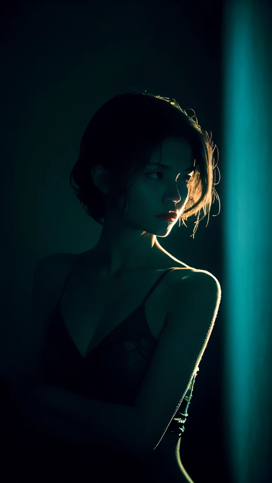 Create an intense, evocative portrait in the Japanese retro anime style of the 80s and 90s. The scene features a male bathed in deep blue light, leaning against a wall with her arms raised, eyes closed in a moment of raw emotion. Her attire is minimal, accentuating the curves of her body and the dramatic shadows cast by the lighting. The background is stark, with sharp contrasts highlighting the contours of her form. The blue and black palette intensifies the mood, evoking a sense of mystery and allure. Subtle film grain and meticulous shading add depth and texture, emphasizing the emotional gravity of the scene. The lighting creates a chiaroscuro effect, accentuating her expressive pose and the intense atmosphere.