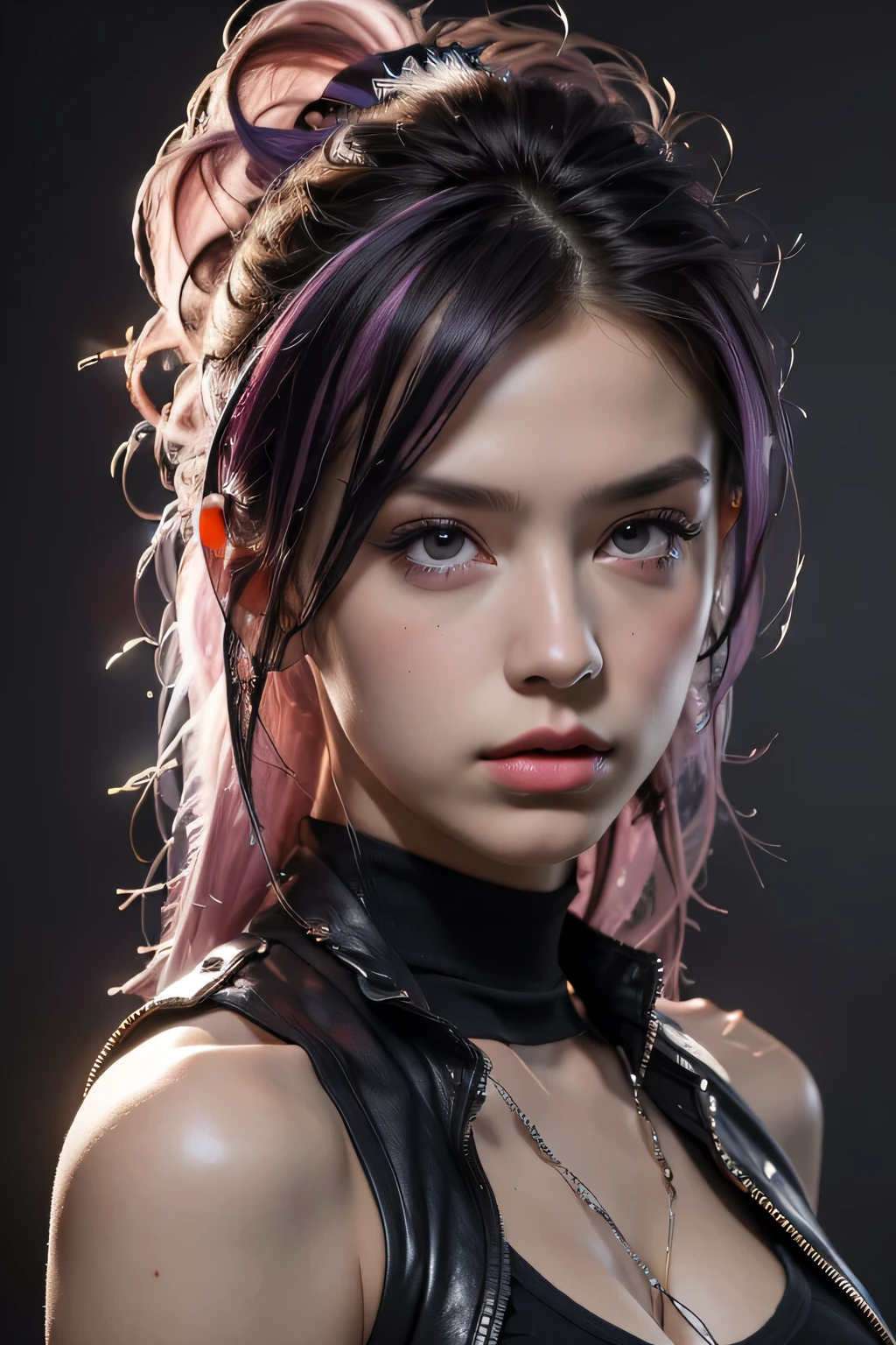Model Girl, Professional:1.6, (最high quality, 4K, 8k, High resolution, masterpiece:1.2),Ultra-detailed, Realist, Punk Style, fashion punk, ((Upper body portrait)), Spiked clothing, Chain Accessories, Rebel pose, Mohawk Alto, Rainbow Hair, flashy, Nervous background, Studio Lighting, Dynamic pose and elegant、masterpiece, 最high quality, high quality, High resolution, (((Upper body portrait)))、Super big