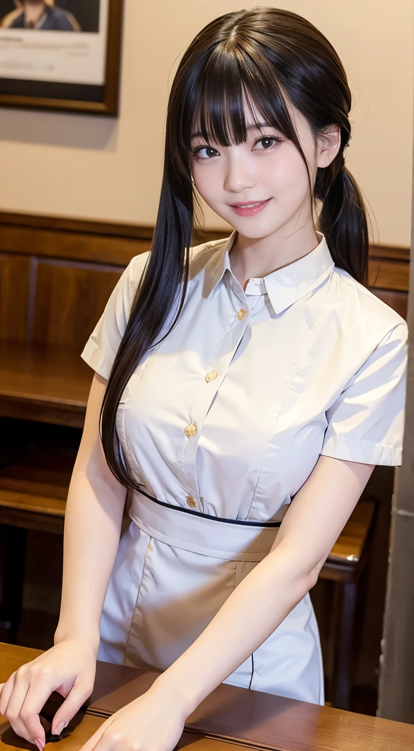 (highest quality,masterpiece:1.3,Ultra-high resolution,),(Very detailed,Caustics),(Photorealistic:1.4,RAW shooting,)Ultra-Realistic Capture,Very detailed,High resolution 16K human skin closeup。 Natural skin texture、,Pores、、、、It must be detailed enough to be easily identifiable。 Skin tone is even and healthy looking。 Use natural light and color,restaurant,Waitress Uniform,1 girl,Japanese,18-year-old,cute,Black-haired,ponytail,Big Breasts,smile,Turn your body forward,(Front view:1.1),Looking at the camera,Cowboy Shot,