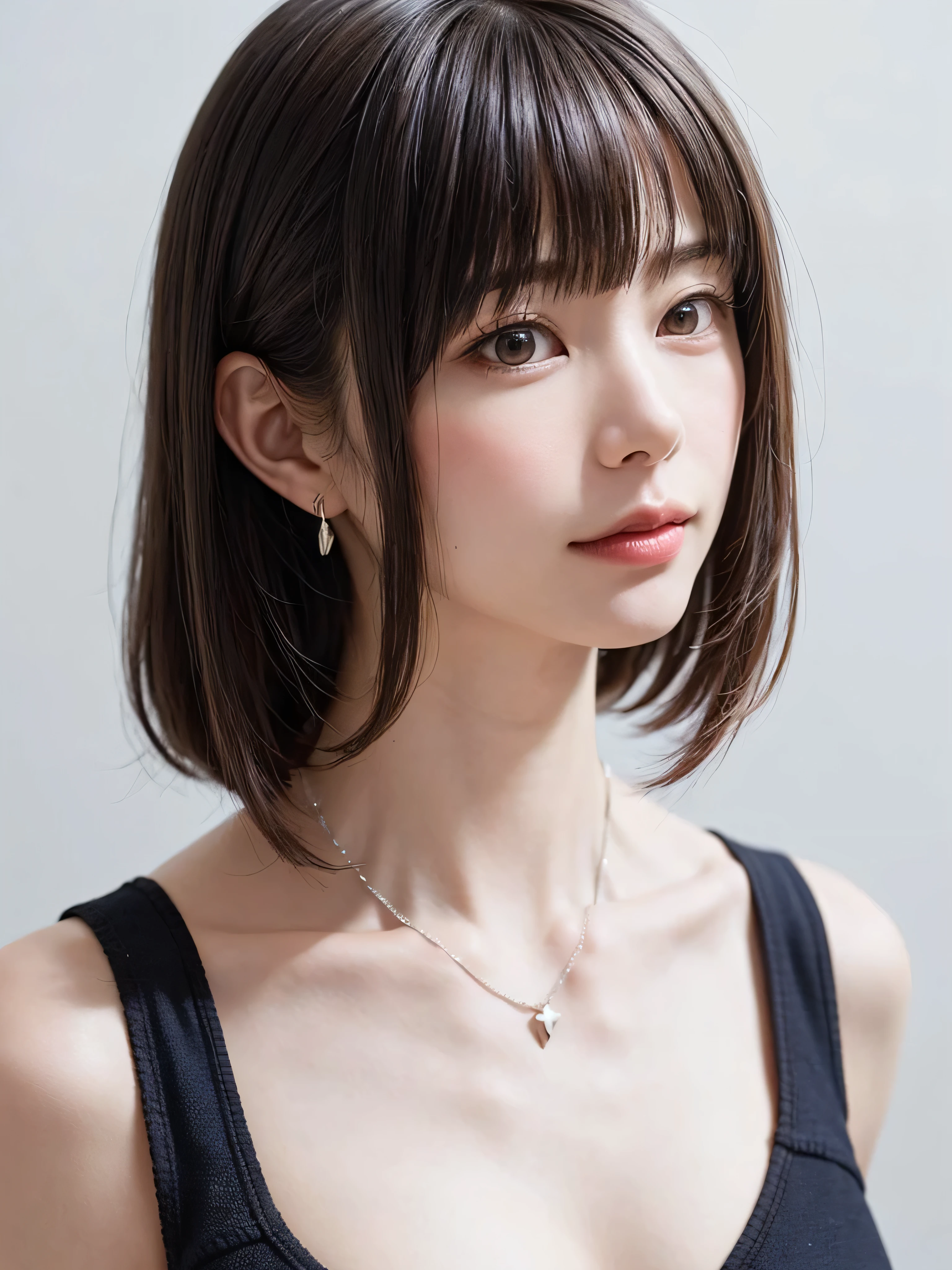 (software:1.8、masterpiece, highest quality),1 girl, alone, hyper Realistic, Realistic,Realistic, Looking at the audience, Light brown eyes:1.4,Brunette Short Bob Hair with highly detailed shiny hair,, Lepangas:1.4), Mouth closed, Upper Body、big chest eye、eyelash、{Huge|big chest|Hugeな|Mega} whole :2, Chest cleavage:2、(((Add highlights to the eyes:1.4、big chest eye、Short Bob Hair、Glowing Skin:1.4、Looking at the audience、She is very beautiful and cute、Show me your ears、Beautiful long neck、smile、Close your mouth and smile、Bangs and beautiful teeth)))、Ideal body type、((beautiful, Blank white background:2、Simple, Blank white background:2、Very simple white background:2))、Beautiful long neck:1.4、(({Huge|big|Huge|Mega} chest, Chest cleavage:2、Upper Bodyは服を着ていない:1.6))、(((Portraiture:2、Face close-up:2、Face close-up:2)))、Perfect Anatomy、((V-neck knit))、thin silver necklace、Silver earrings、