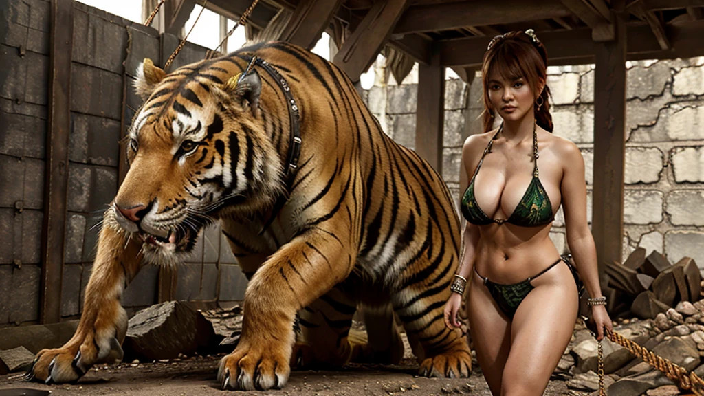 a glamorous woman in a fur bikini, chunky jewelry, walking an enormous sabre tooth tiger on a leash, realistic Flintstones style, hyper detailed, 8k, photorealistic, dramatic lighting, intricate textures, vibrant colors