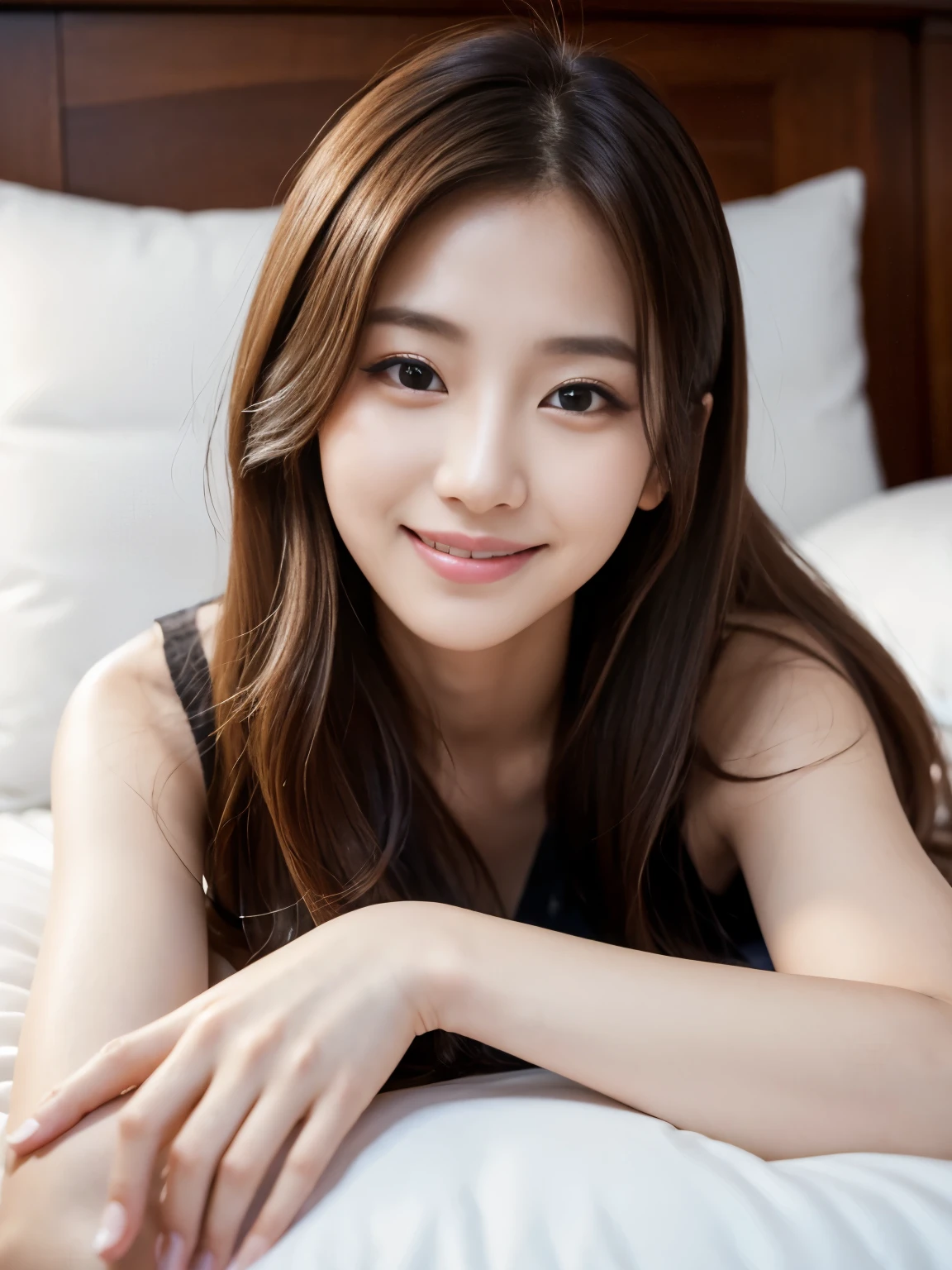 High resolution,4K,8k,16K,
1 Female,
(Fair skin:1.2),(Age 25:1.5)、
(K-Pop Idols:1.2),skinny,Long legs;1.1,
Long brown hair,(Beautiful Face:1.2),Perfect body,(Perfect Face,Beautiful Nose:1.2),View Viewer,(smile:1.3),2 Arms,Lie in,On the bed,Close-up face,
Face on pillow,Touching your face, In the room,