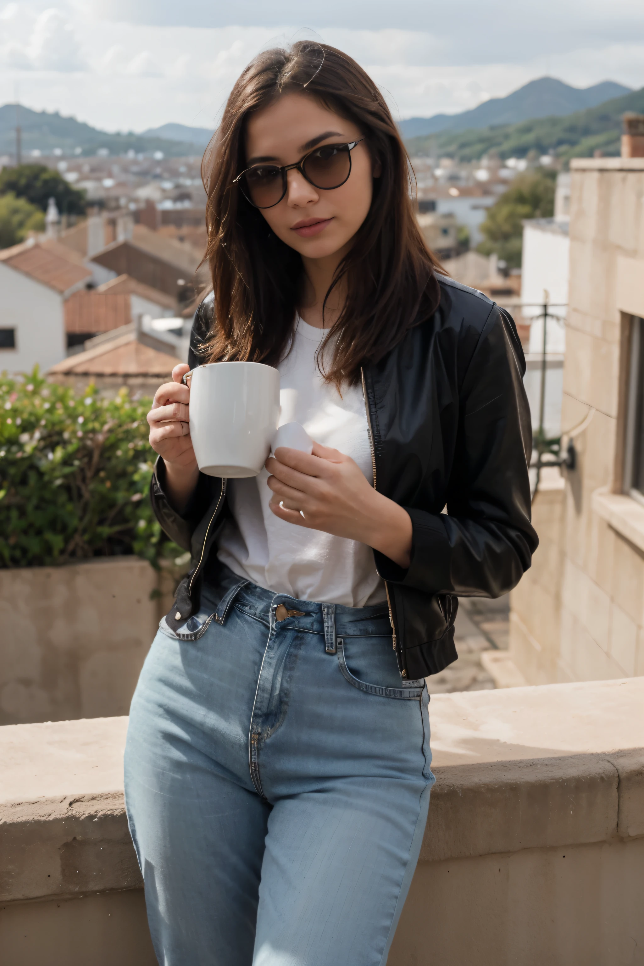 Mujer adulta con gafas y cabello corto, chaqueta y jeans sentada en una ventana con un hermoso paisaje de fondo, drinking a coffee