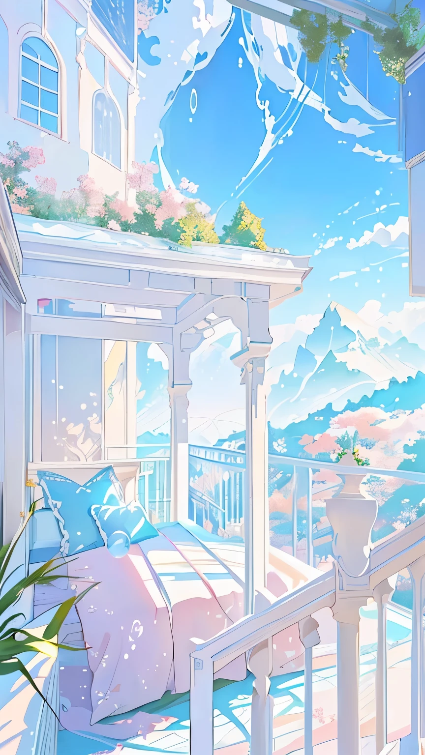 There is a white bed on the terrace next to the swimming pool, Anime Background art, Anime beautiful peaceful scene, Anime Background, Fantasy Landscape Art, Landscape Artwork, Detailed scenery —width 672, beautiful Anime Landscape, Bedroom Background, Anime Landscape, Beautiful anime scene, Dreamy and detailed, Personal room background, bubble landscape, Landscape wallpaper aesthetic, Relaxation concept art